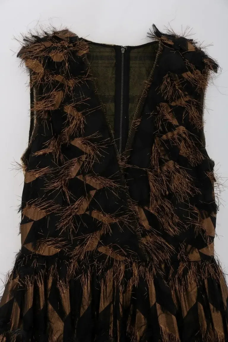 Dolce & Gabbana Black Silk Brown Fringes A-Line Dress - Zeiniez