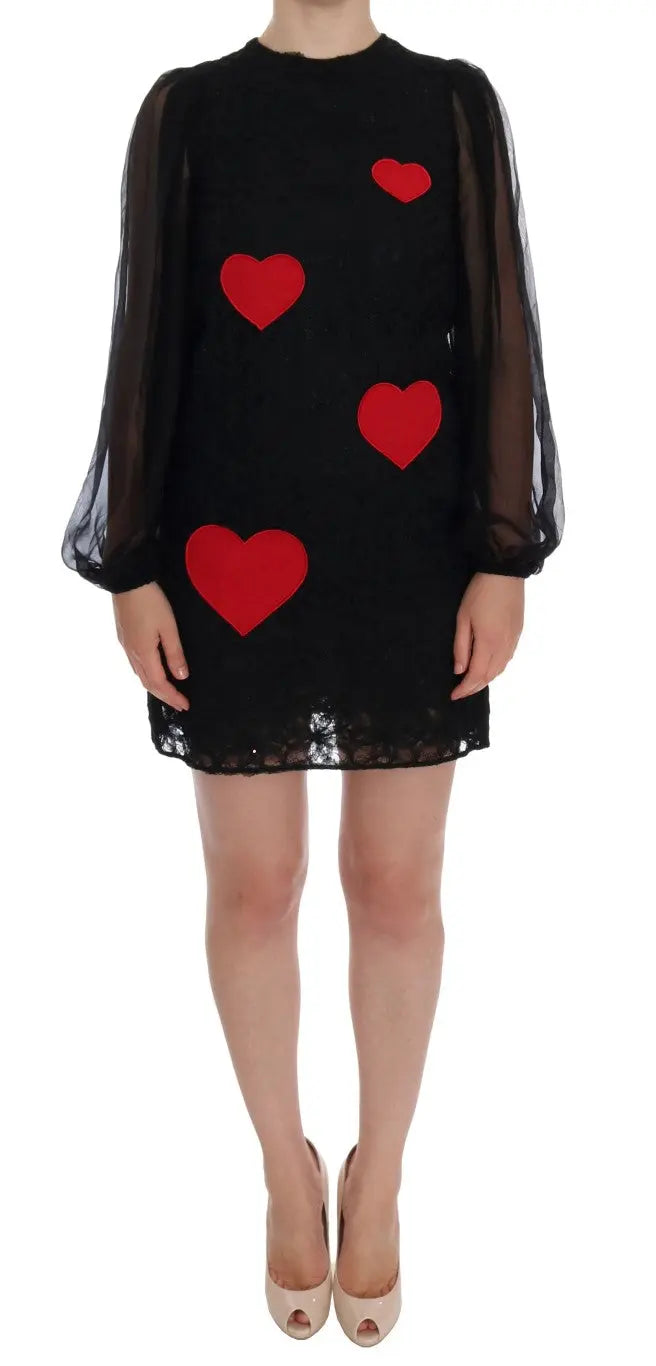 Dolce & Gabbana Black Lace Red Heart Shift Dress - Zeiniez