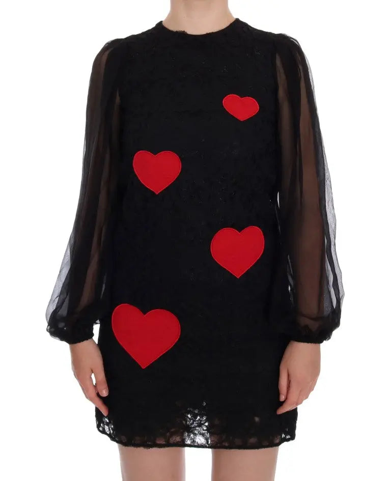 Dolce & Gabbana Black Lace Red Heart Shift Dress - Zeiniez