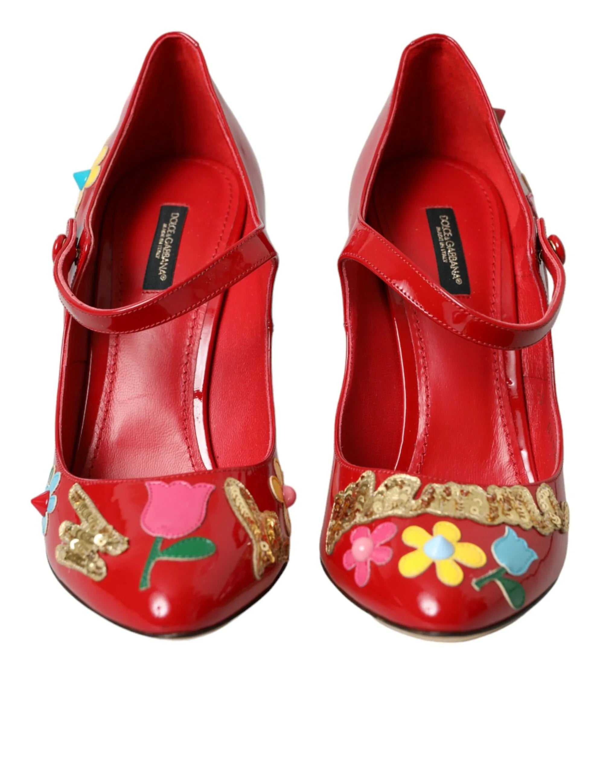 Dolce & Gabbana Red Leather Embellished Mary Jane Pumps Heels Shoes - Zeiniez