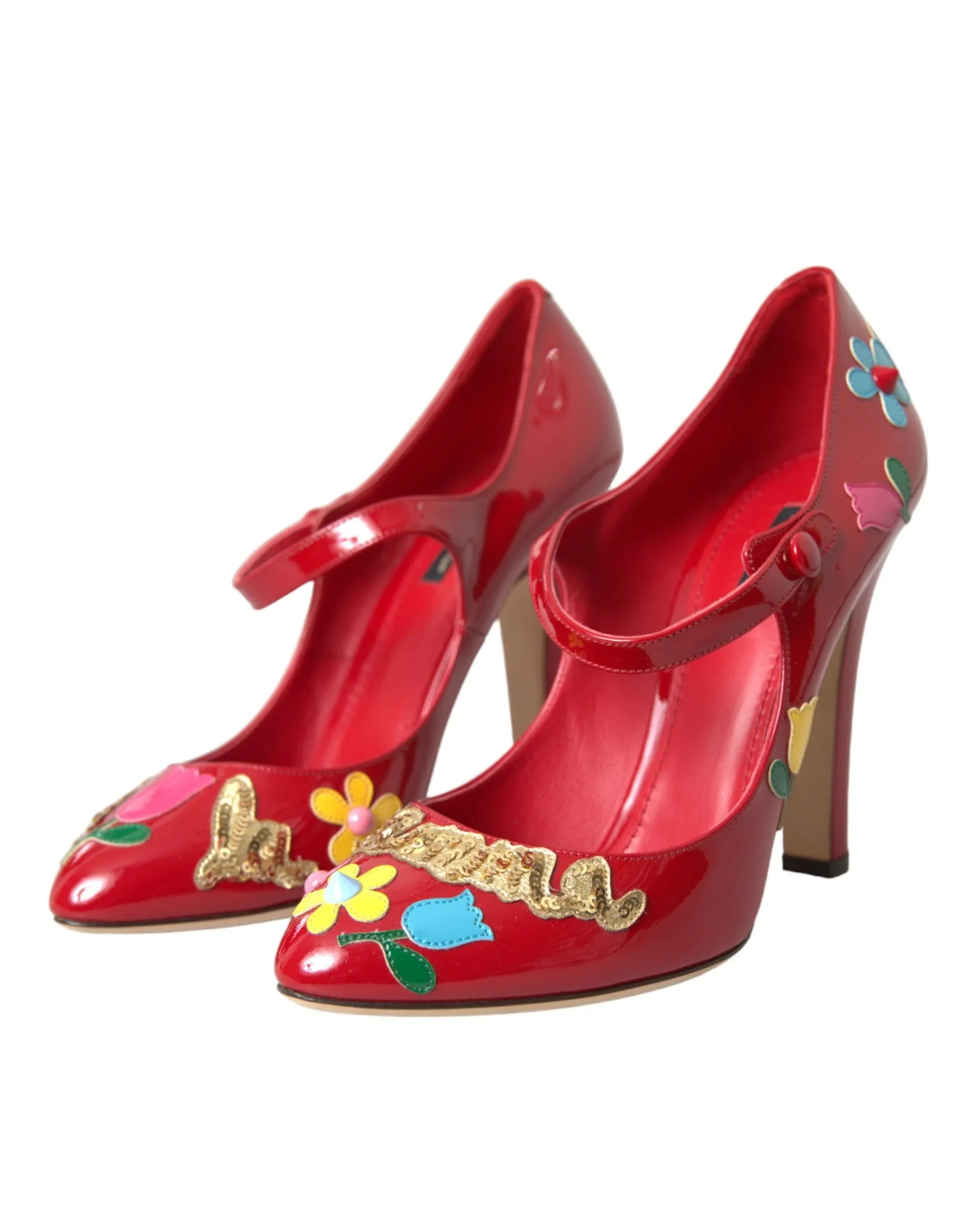 Dolce & Gabbana Red Leather Embellished Mary Jane Pumps Heels Shoes - Zeiniez