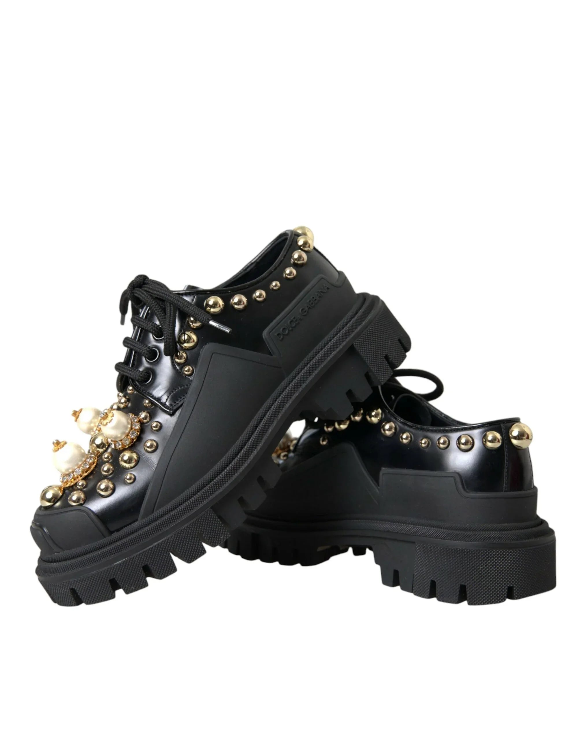 Dolce & Gabbana Black Leather Trekking Derby Embellished Shoes - Zeiniez