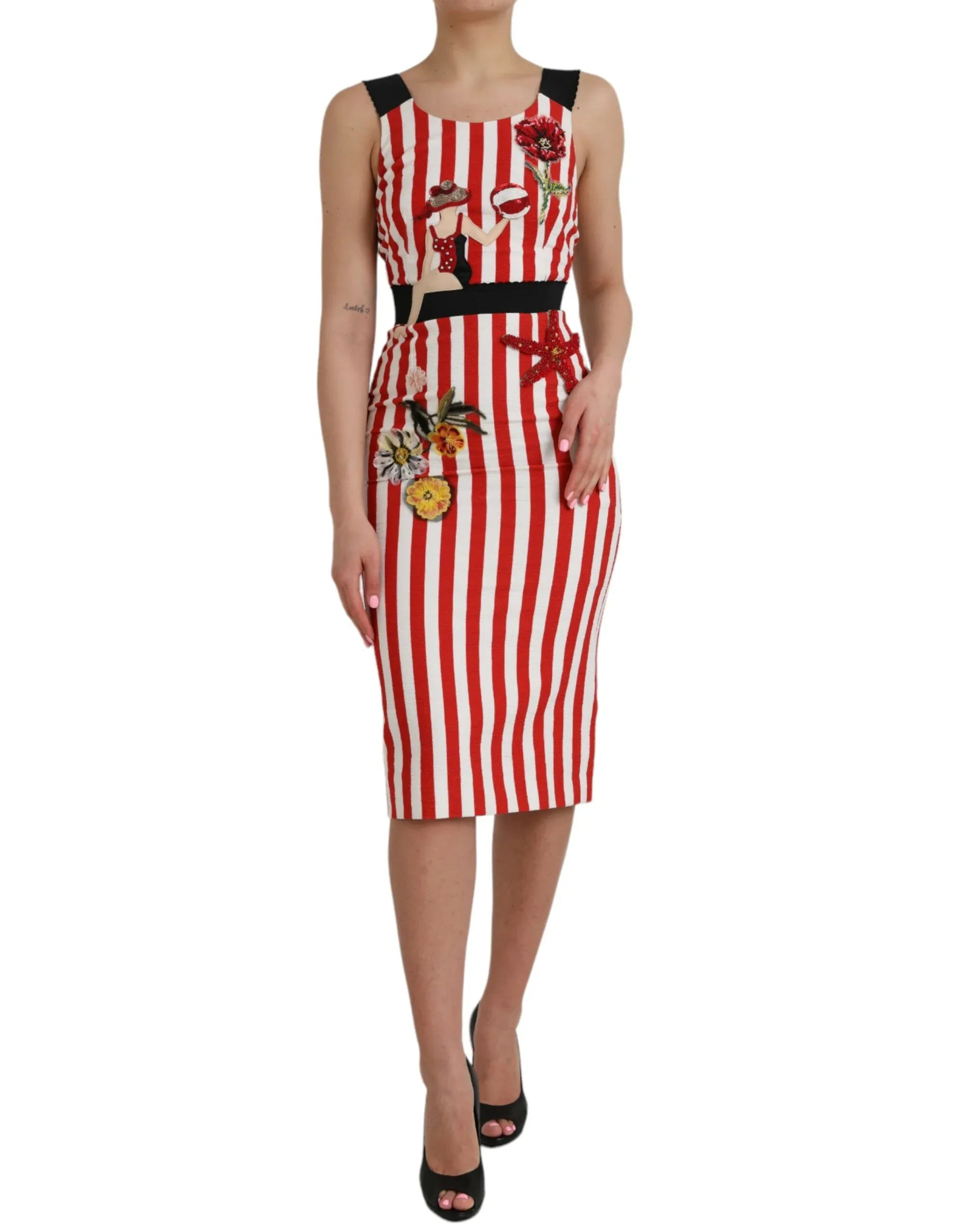 Dolce & Gabbana Red White Floral Sleeveless Sheath Midi Dress - Zeiniez