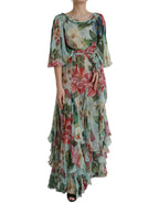 Dolce & Gabbana Blue Floral Print Tiered Long Maxi Dress - Zeiniez