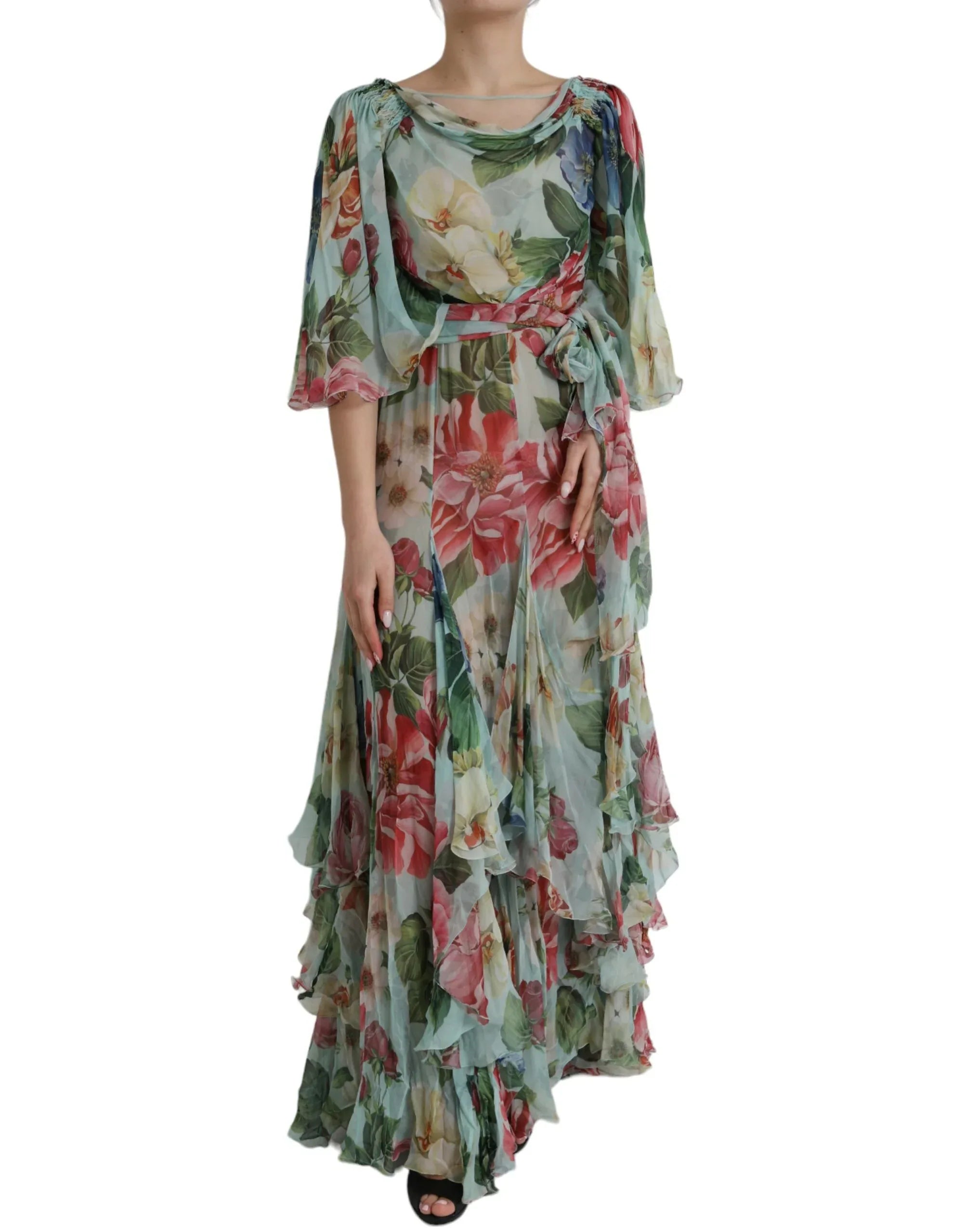 Dolce & Gabbana Blue Floral Print Tiered Long Maxi Dress - Zeiniez