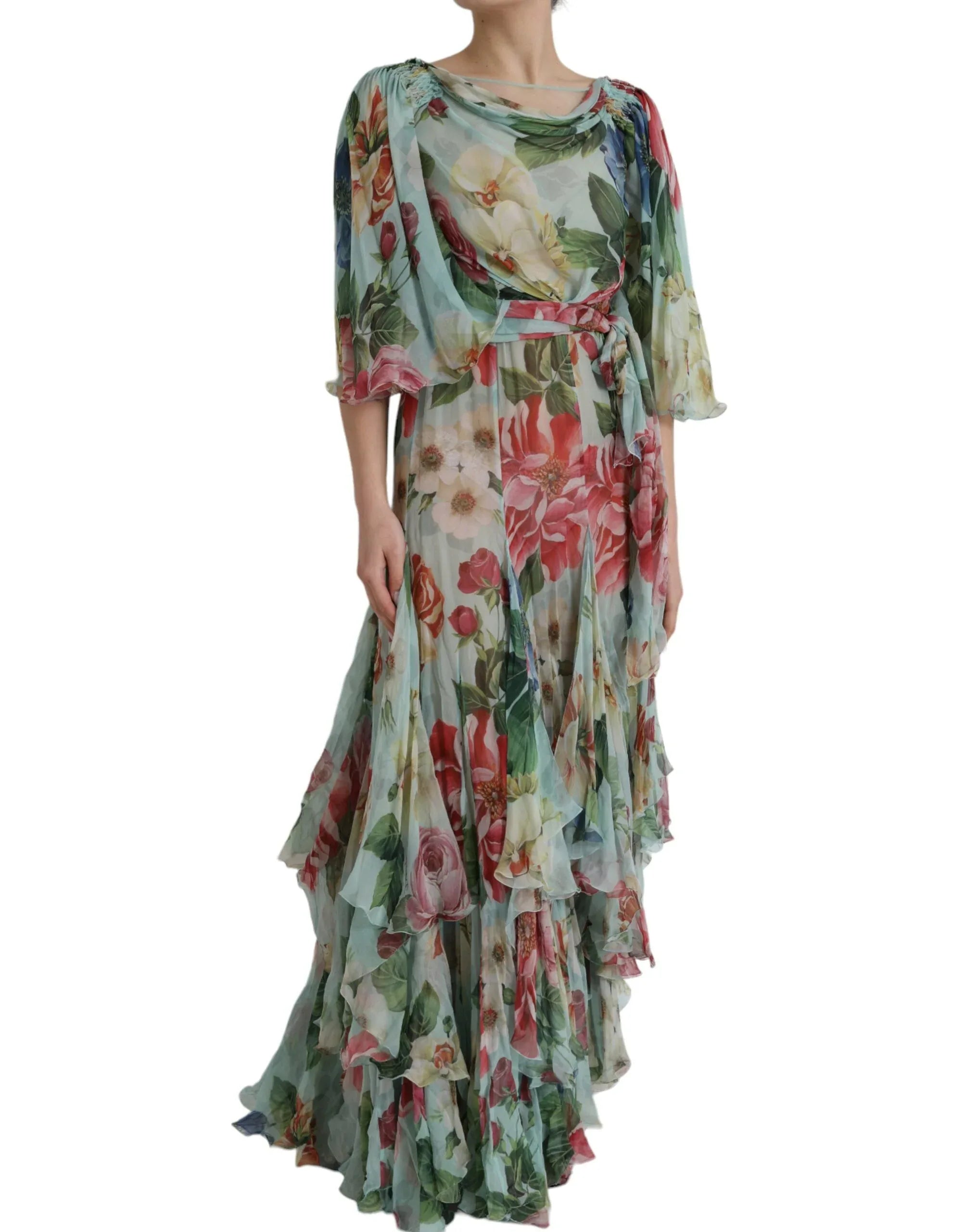 Dolce & Gabbana Blue Floral Print Tiered Long Maxi Dress - Zeiniez