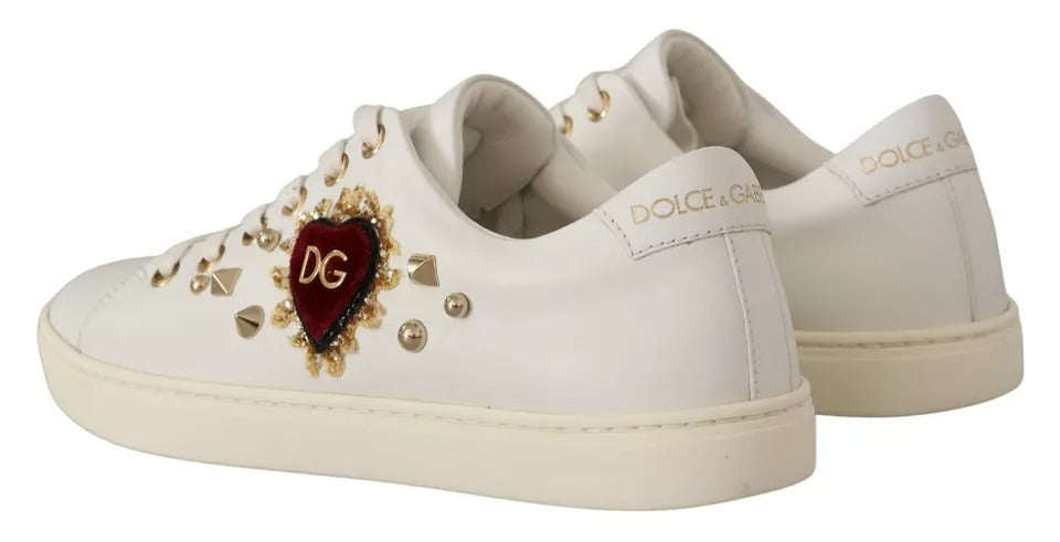 Dolce & Gabbana White Leather Gold Red Heart Sneakers Shoes - Zeiniez
