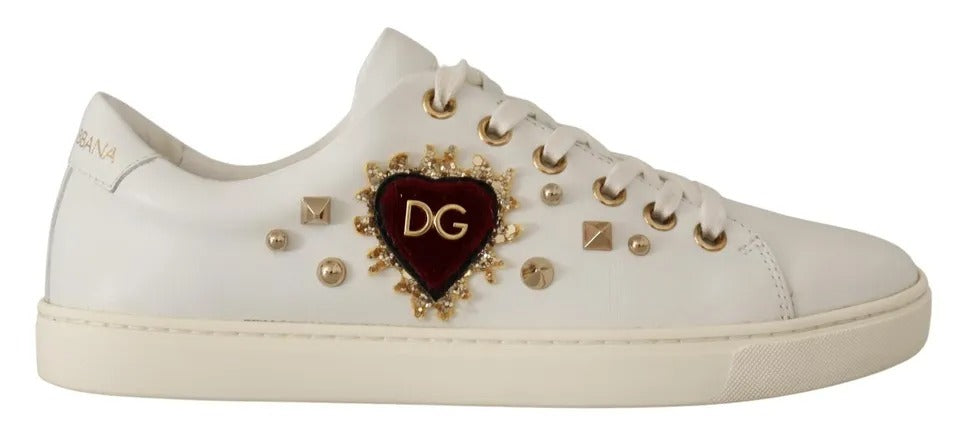 Dolce & Gabbana White Leather Gold Red Heart Sneakers Shoes - Zeiniez