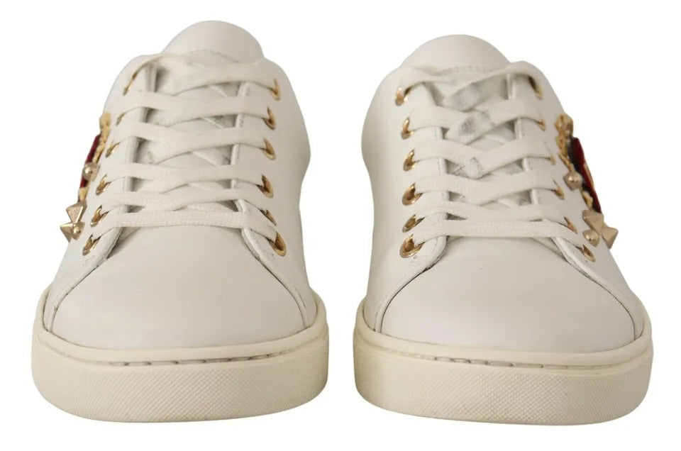 Dolce & Gabbana White Leather Gold Red Heart Sneakers Shoes - Zeiniez