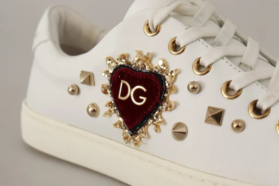 Dolce & Gabbana White Leather Gold Red Heart Sneakers Shoes - Zeiniez