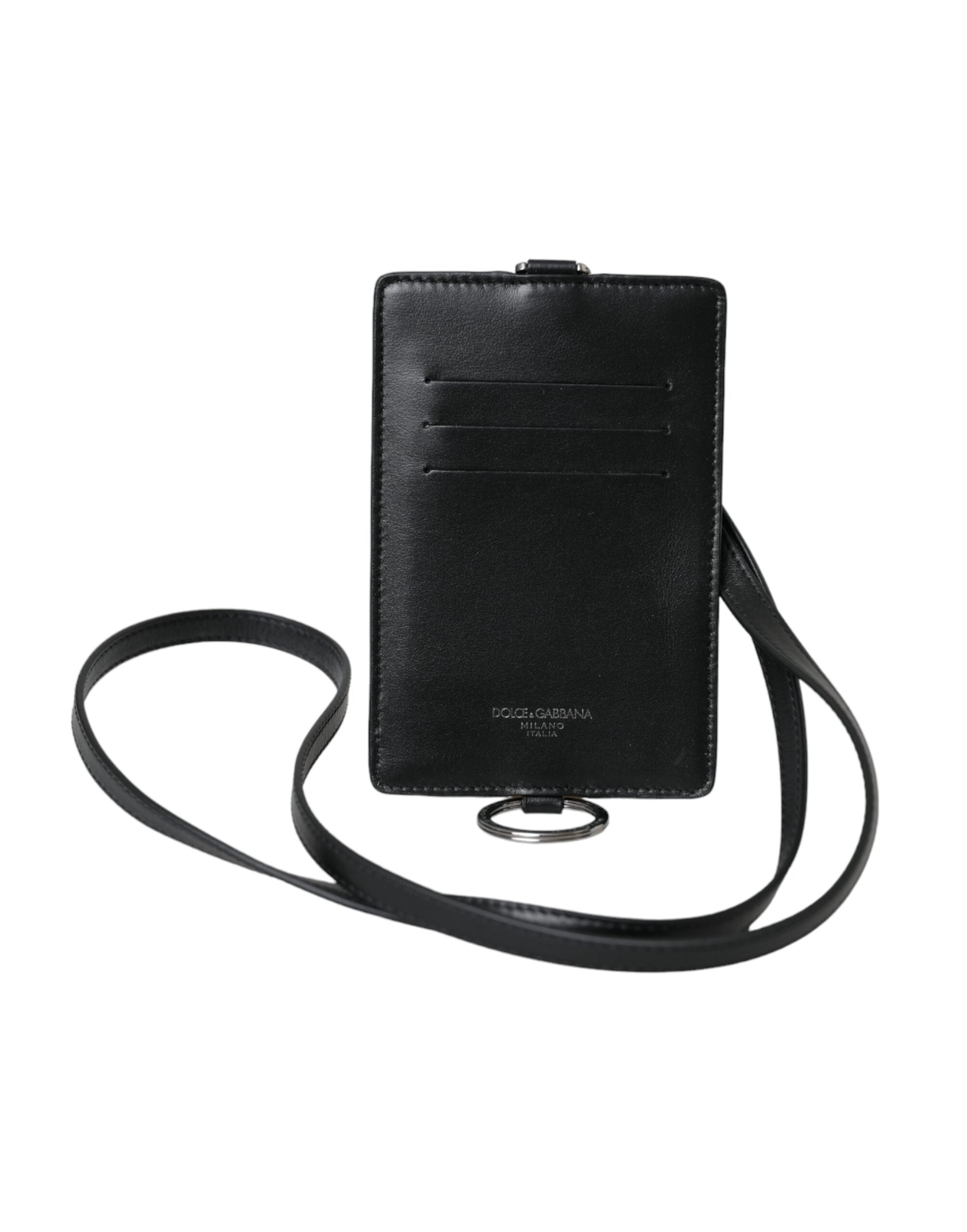 Dolce & Gabbana Black Calf Leather Lanyard Logo Card Holder Men Wallet - Zeiniez