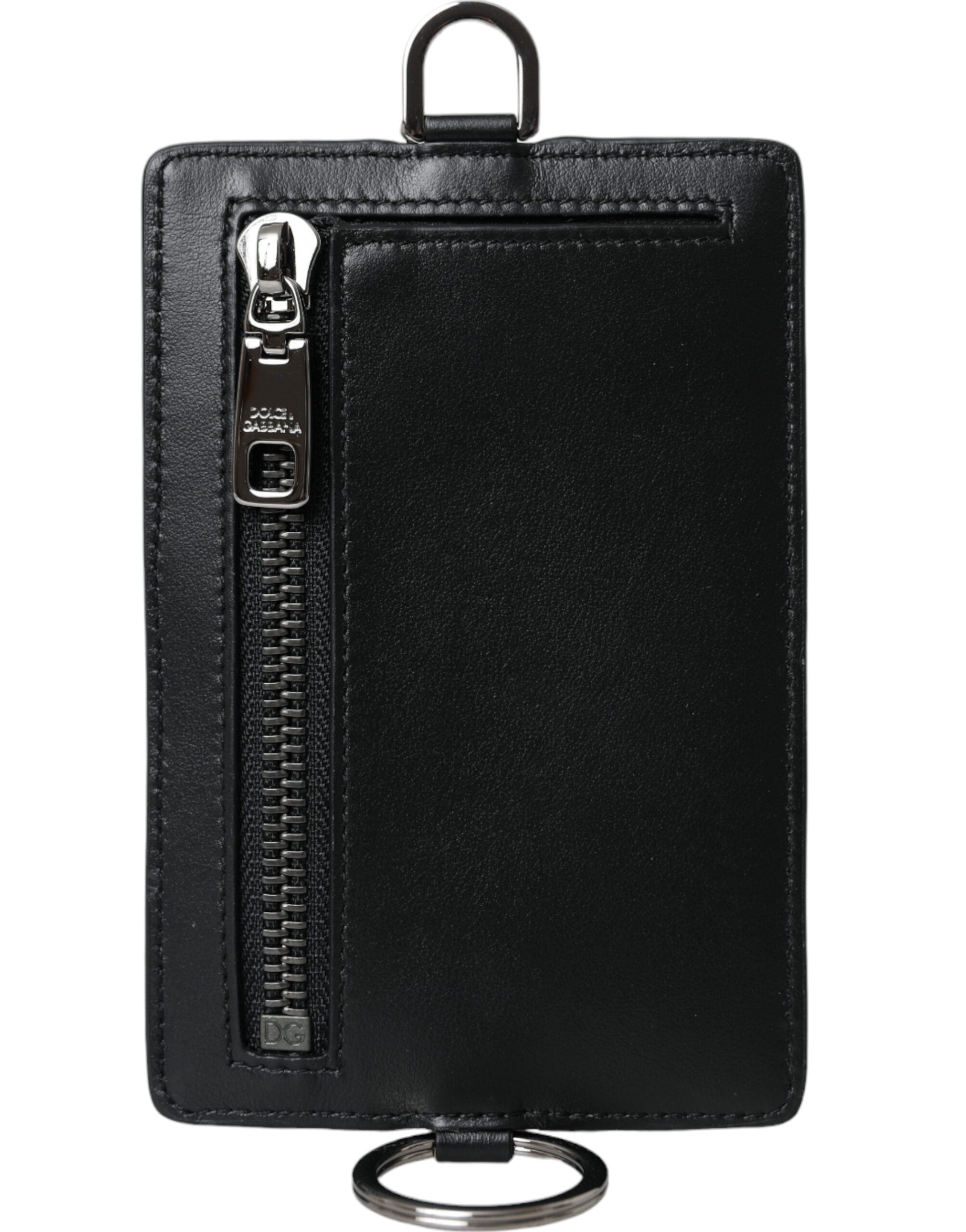 Dolce & Gabbana Black Calf Leather Lanyard Logo Card Holder Men Wallet - Zeiniez