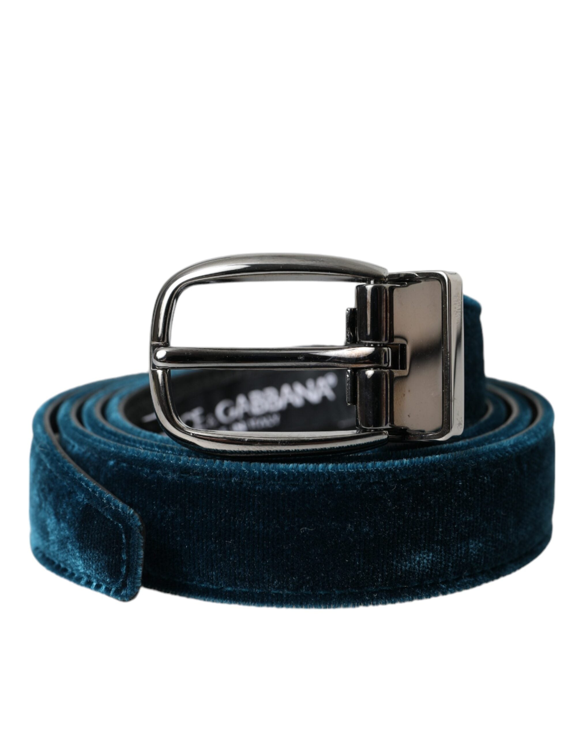Dolce & Gabbana Blue Velvet Leather Silver Metal Buckle Belt - Zeiniez