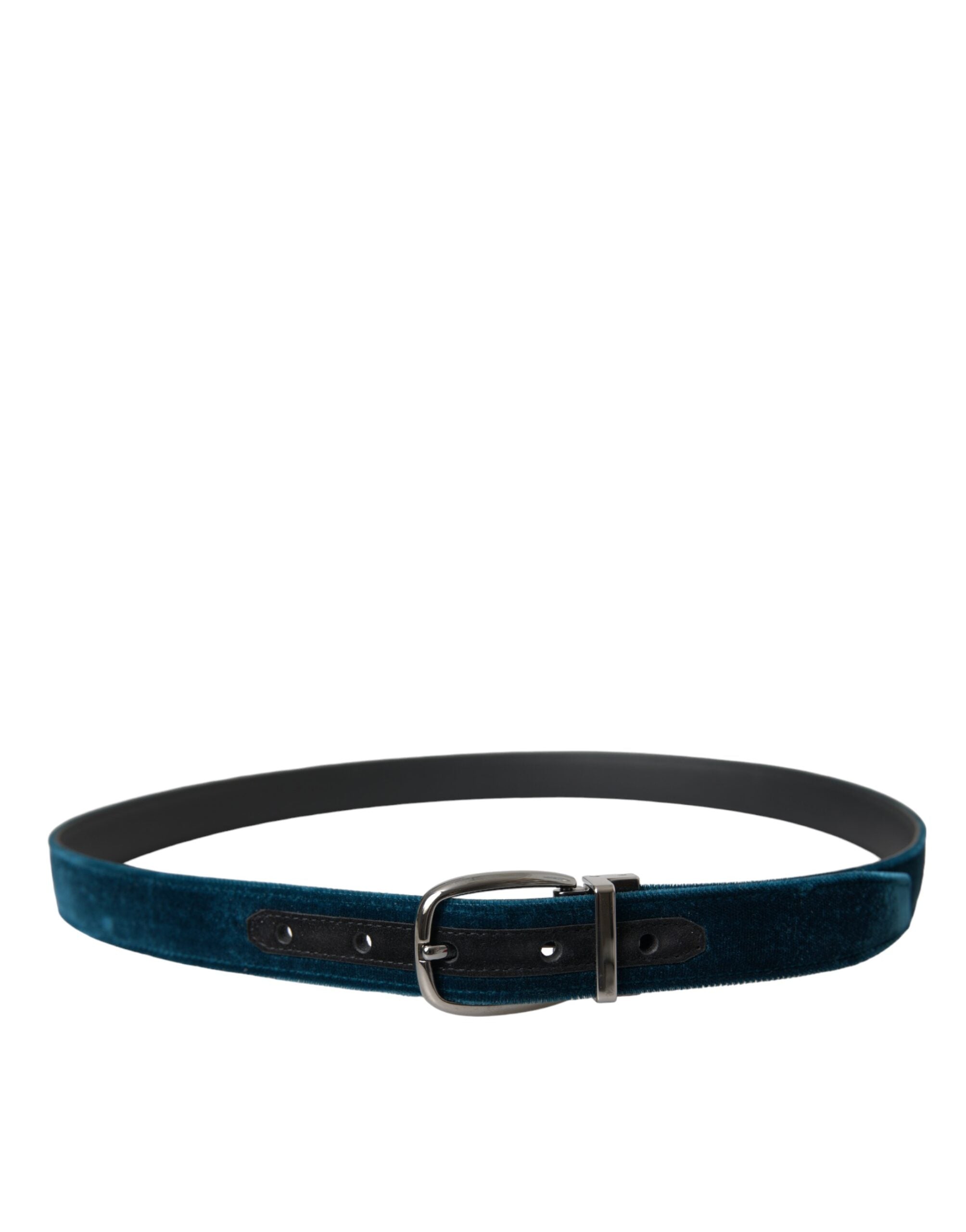 Dolce & Gabbana Blue Velvet Leather Silver Metal Buckle Belt - Zeiniez