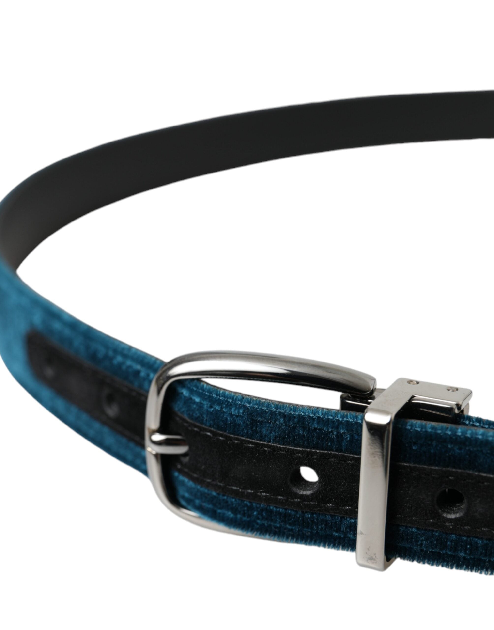 Dolce & Gabbana Blue Velvet Leather Silver Metal Buckle Belt - Zeiniez