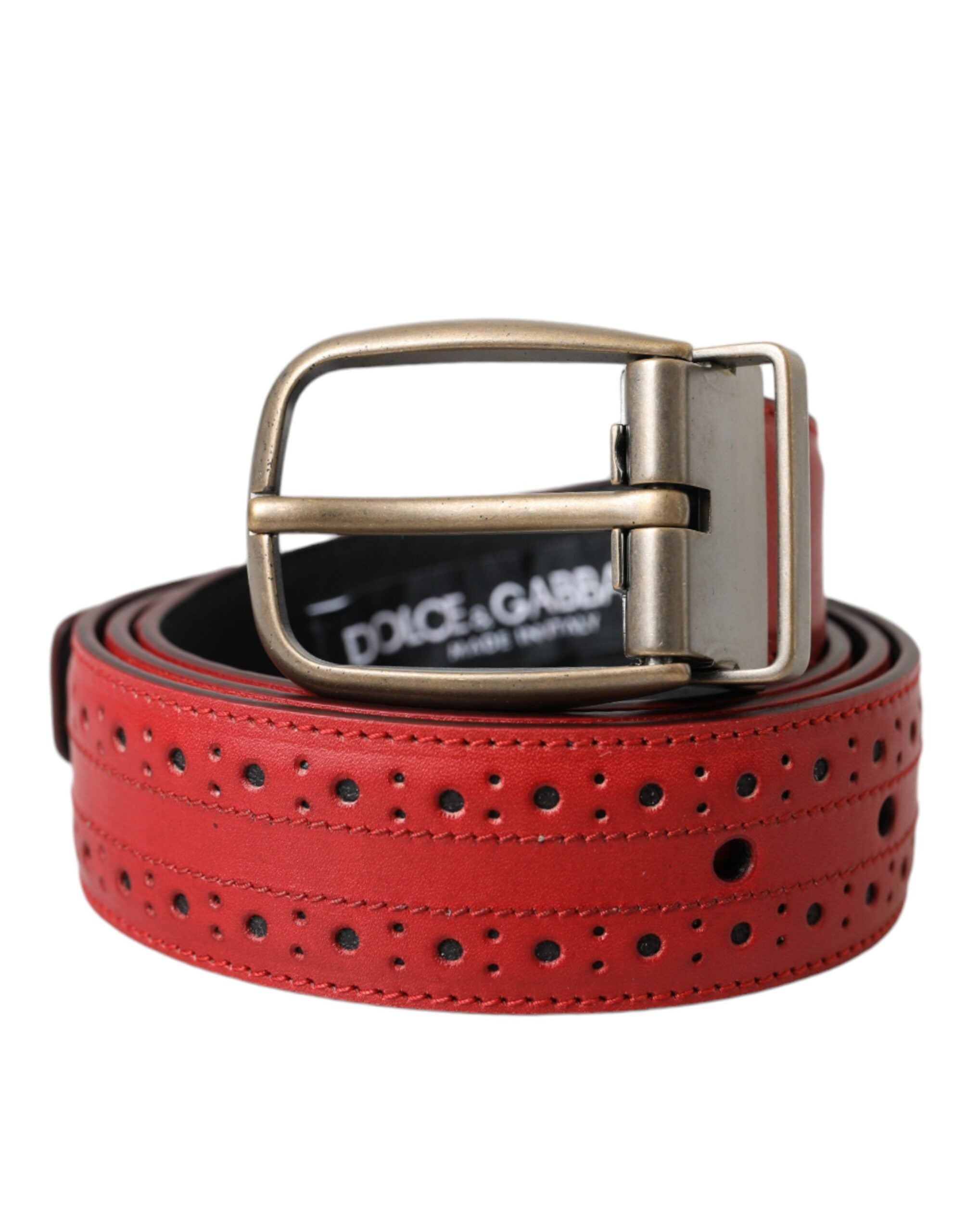 Dolce & Gabbana Red Perforated Leather Metal Buckle Belt Men - Zeiniez