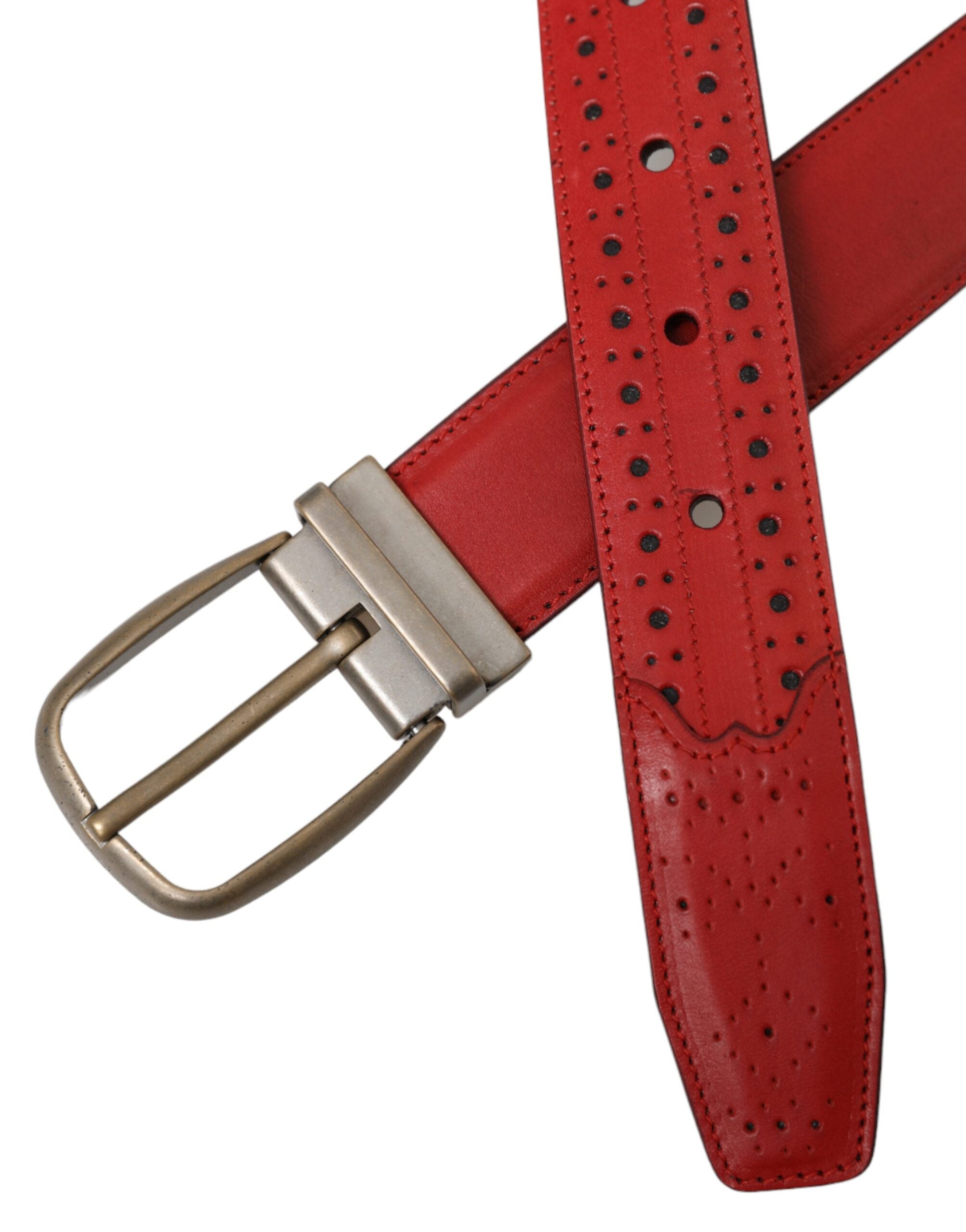 Dolce & Gabbana Red Perforated Leather Metal Buckle Belt Men - Zeiniez