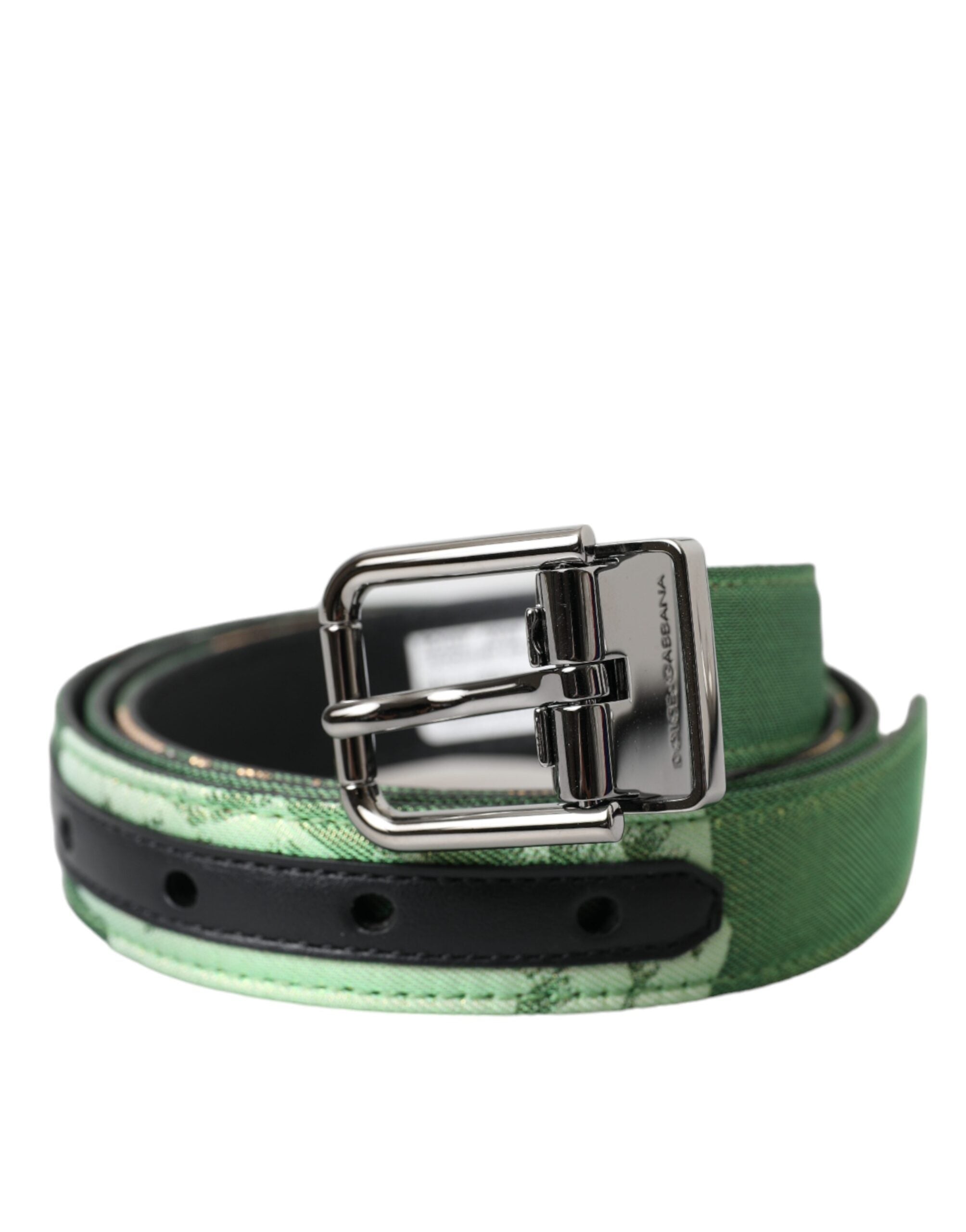 Dolce & Gabbana Green Leather Jacquard Silver Metal Buckle Belt - Zeiniez