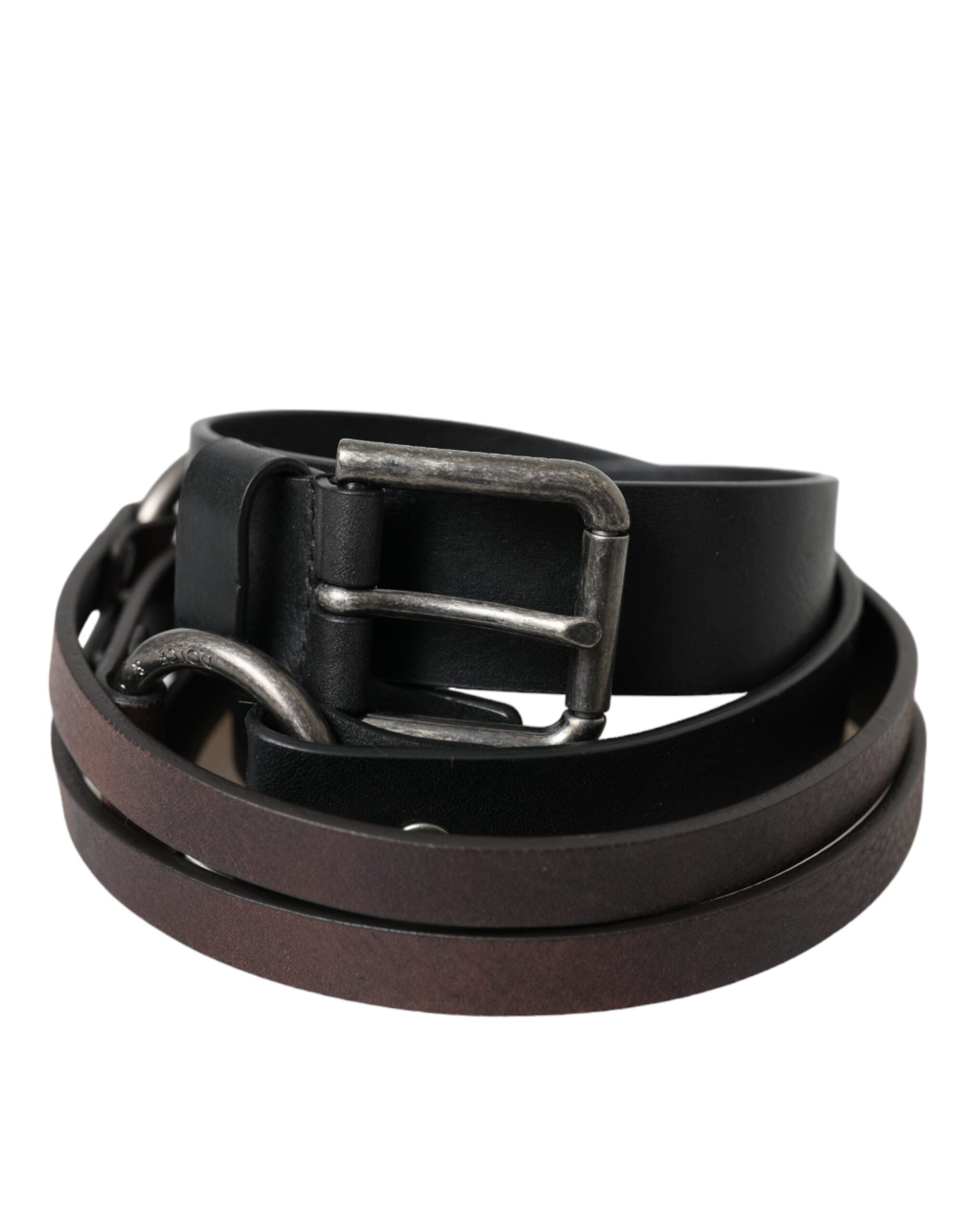 Dolce & Gabbana Black Brown Leather Silver Metal Buckle Belt - Zeiniez