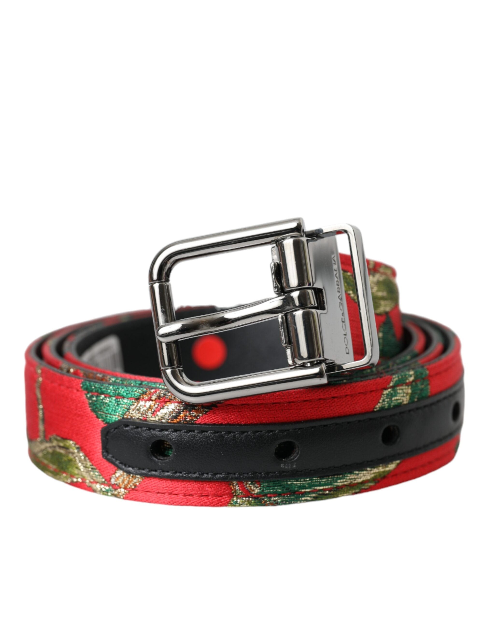 Dolce & Gabbana Red Leather Jacquard Silver Metal Buckle Belt - Zeiniez
