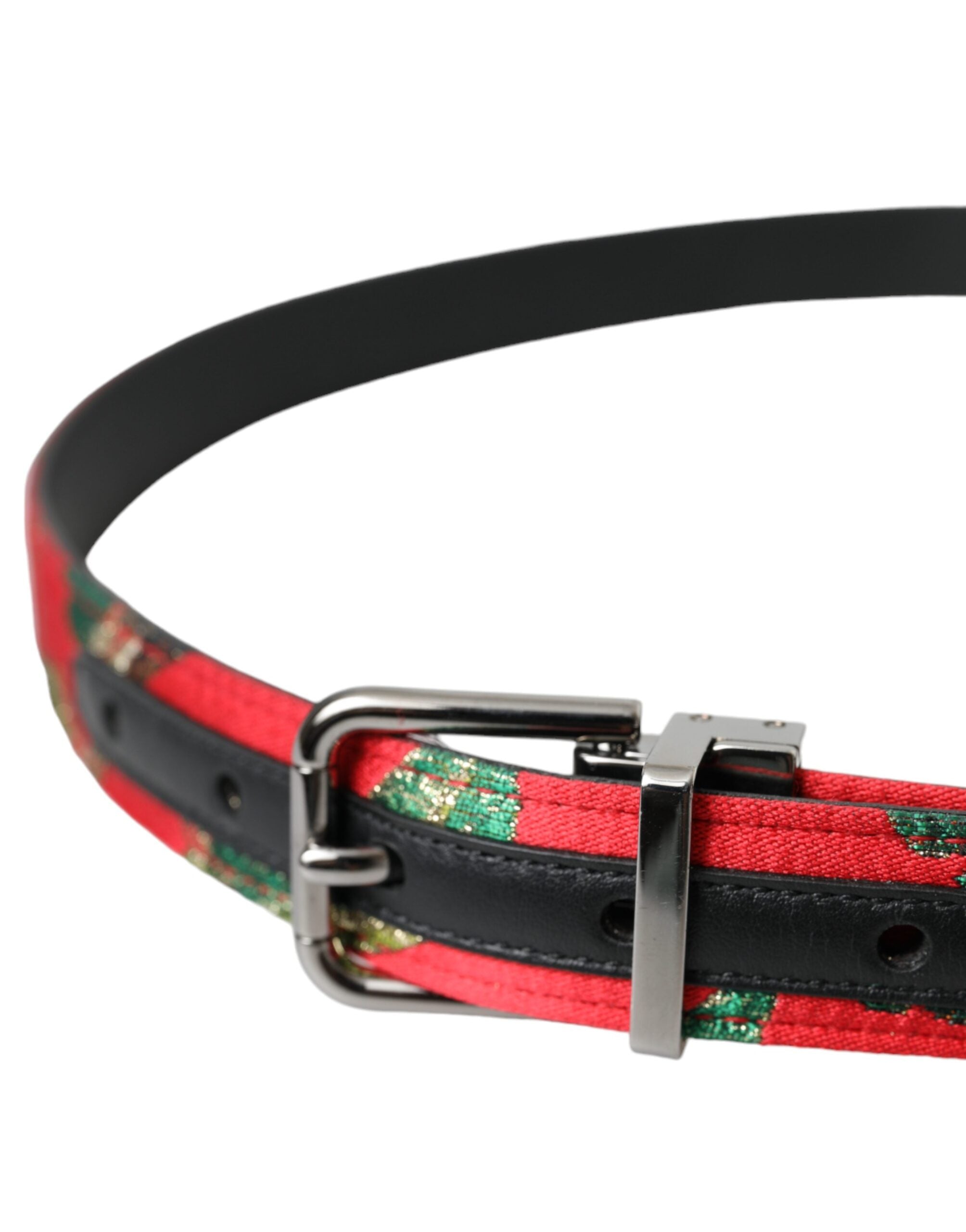 Dolce & Gabbana Red Leather Jacquard Silver Metal Buckle Belt - Zeiniez