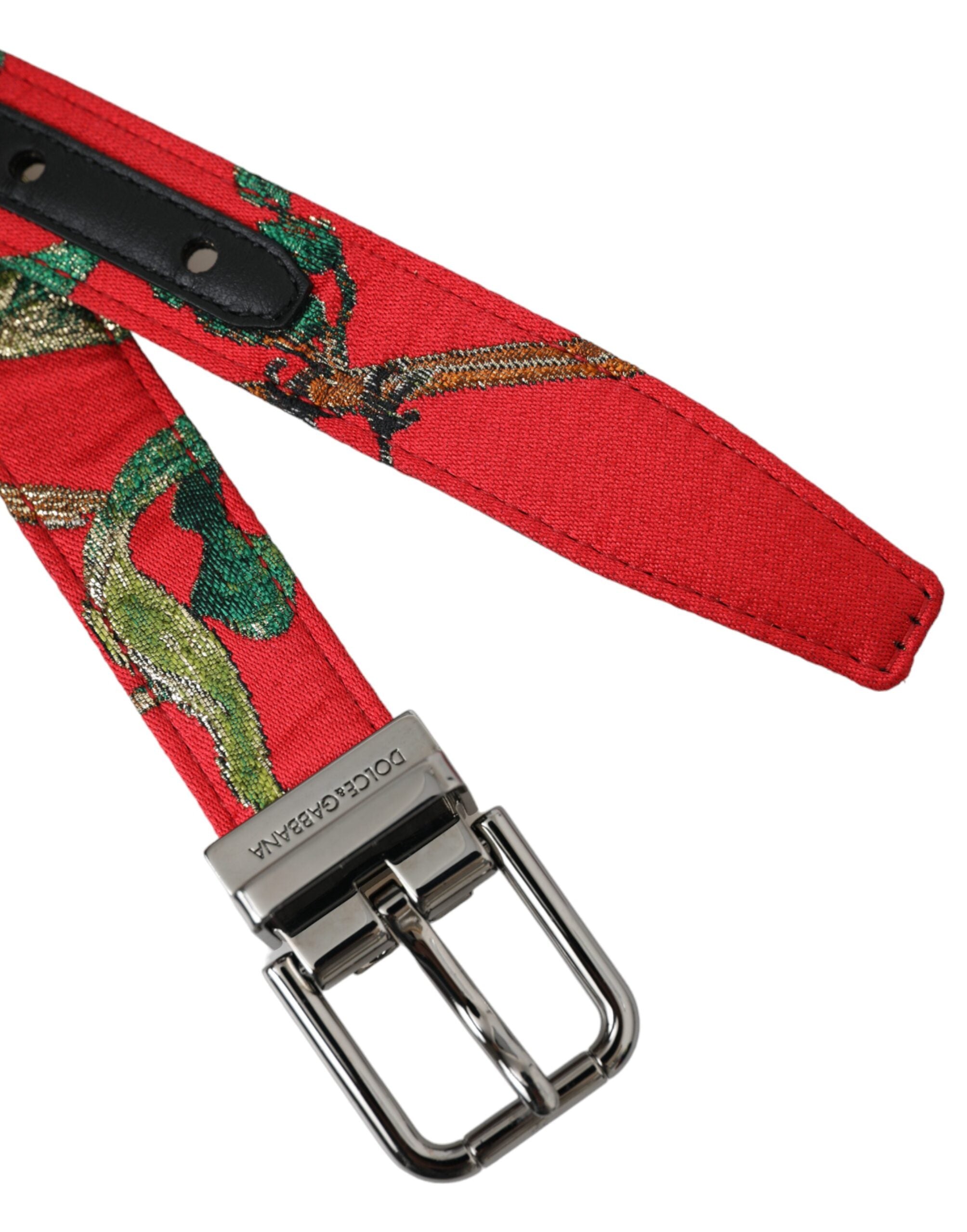 Dolce & Gabbana Red Leather Jacquard Silver Metal Buckle Belt - Zeiniez