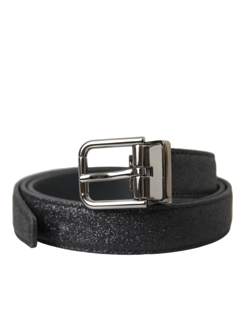 Dolce & Gabbana Black Glittered Leather Silver Buckle Belt - Zeiniez