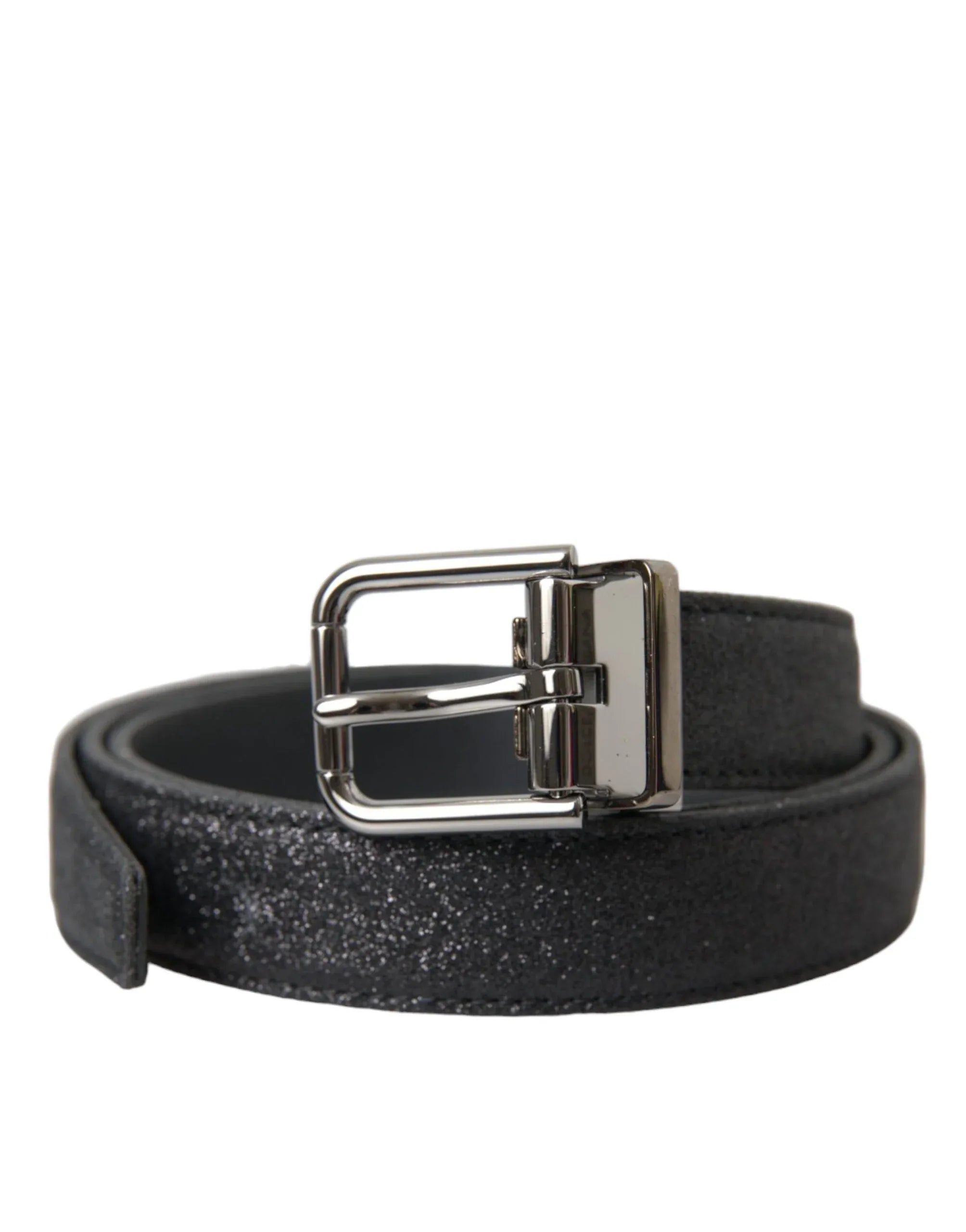 Dolce & Gabbana Black Glittered Leather Silver Buckle Belt - Zeiniez