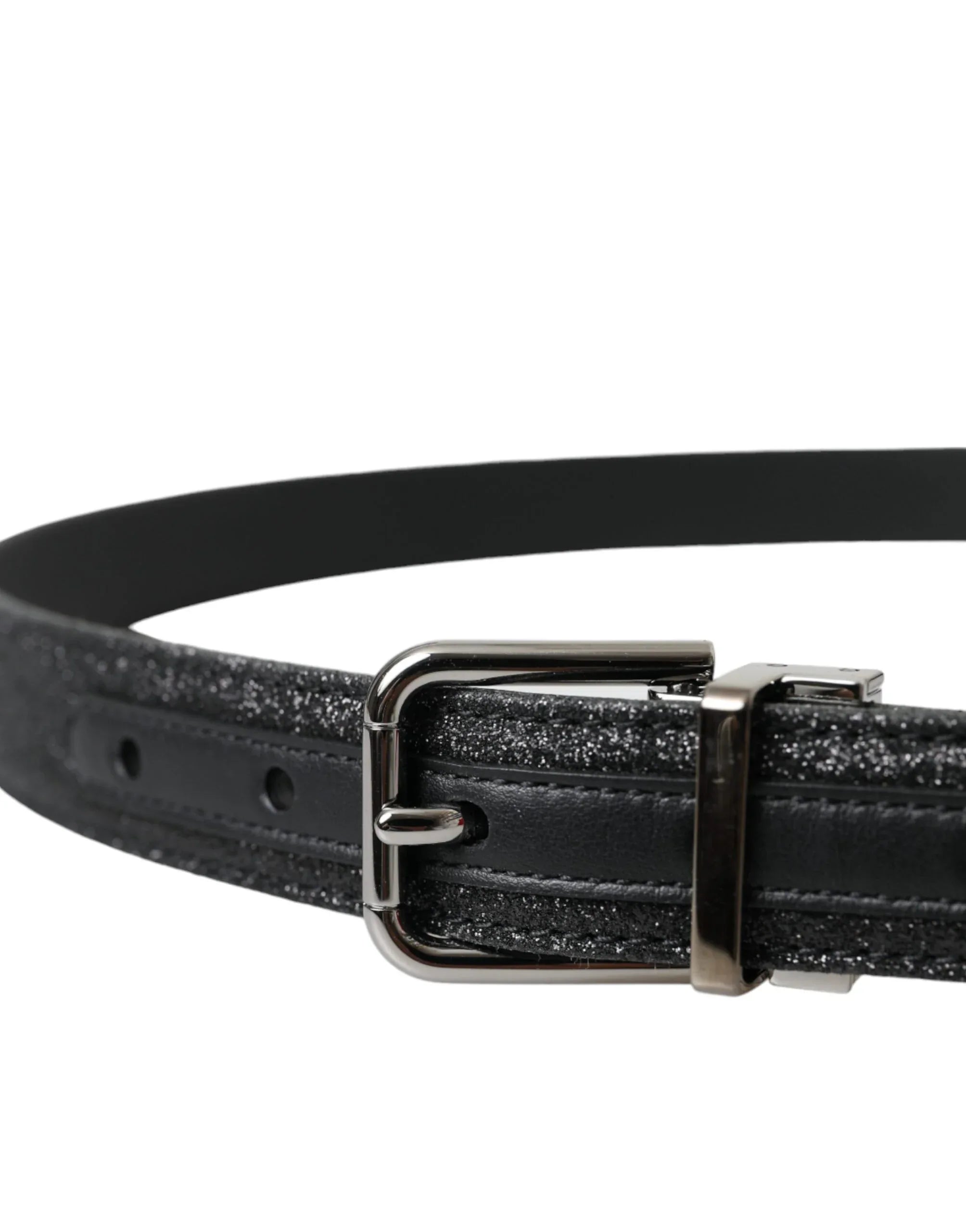 Dolce & Gabbana Black Glittered Leather Silver Buckle Belt - Zeiniez