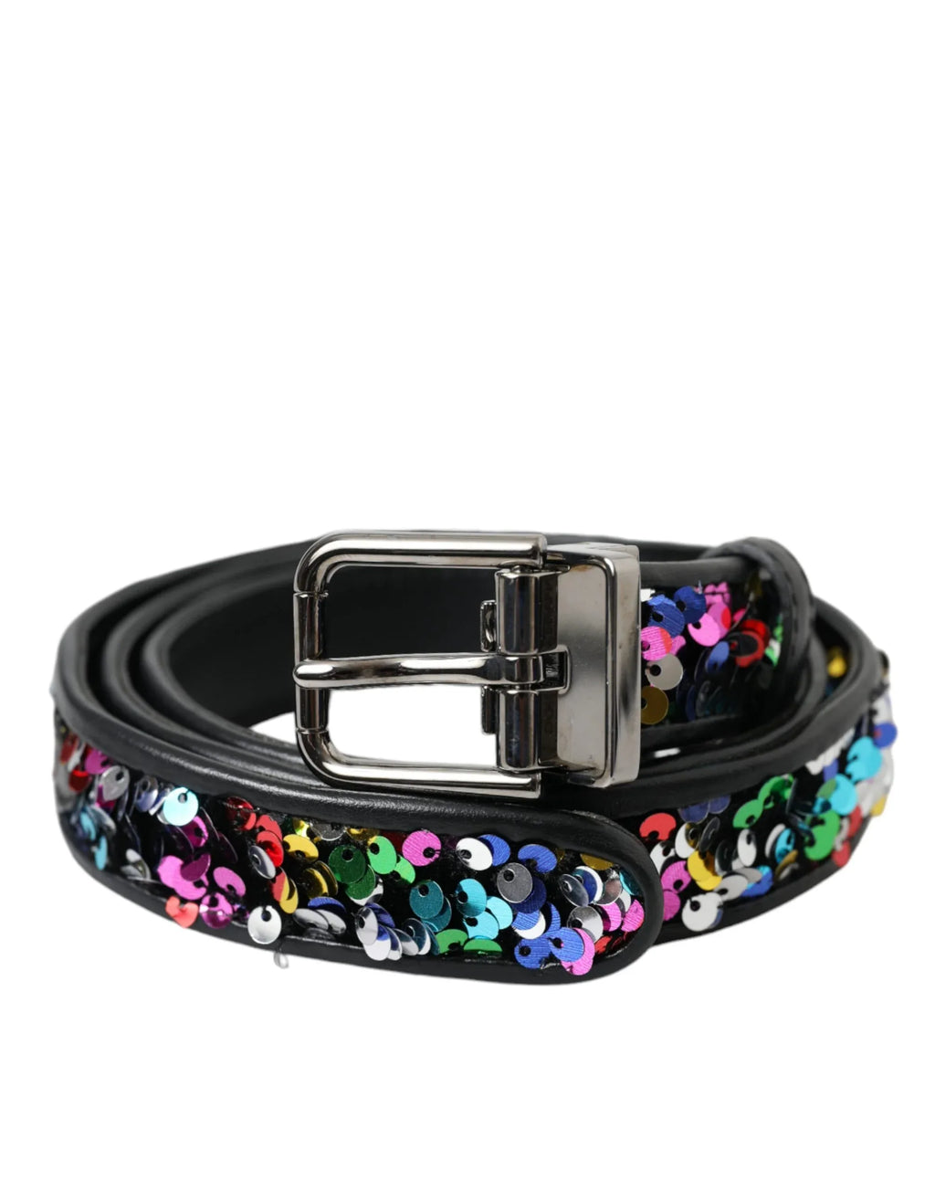 Dolce & Gabbana Black Sequined Silver Metal Buckle Women Belt - Zeiniez