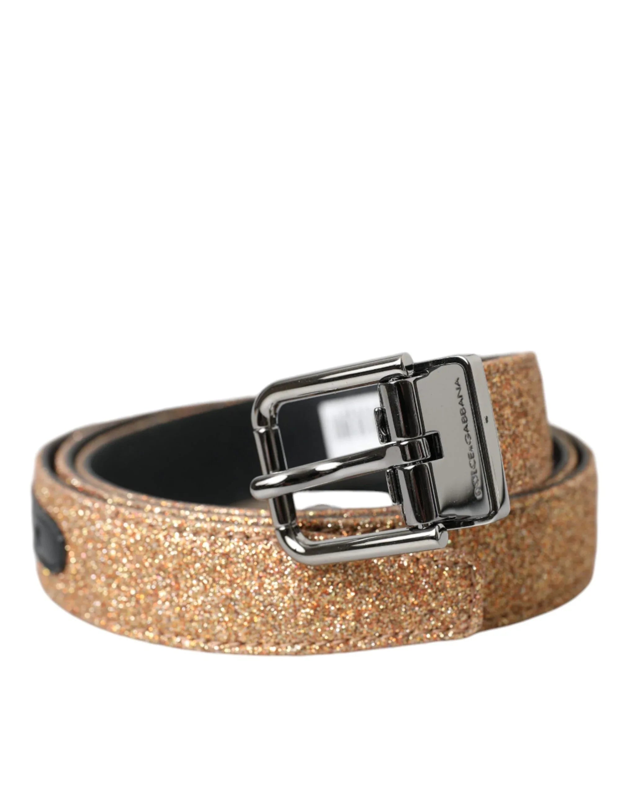 Dolce & Gabbana Gold Glitter Leather Silver Metal Buckle Belt - Zeiniez