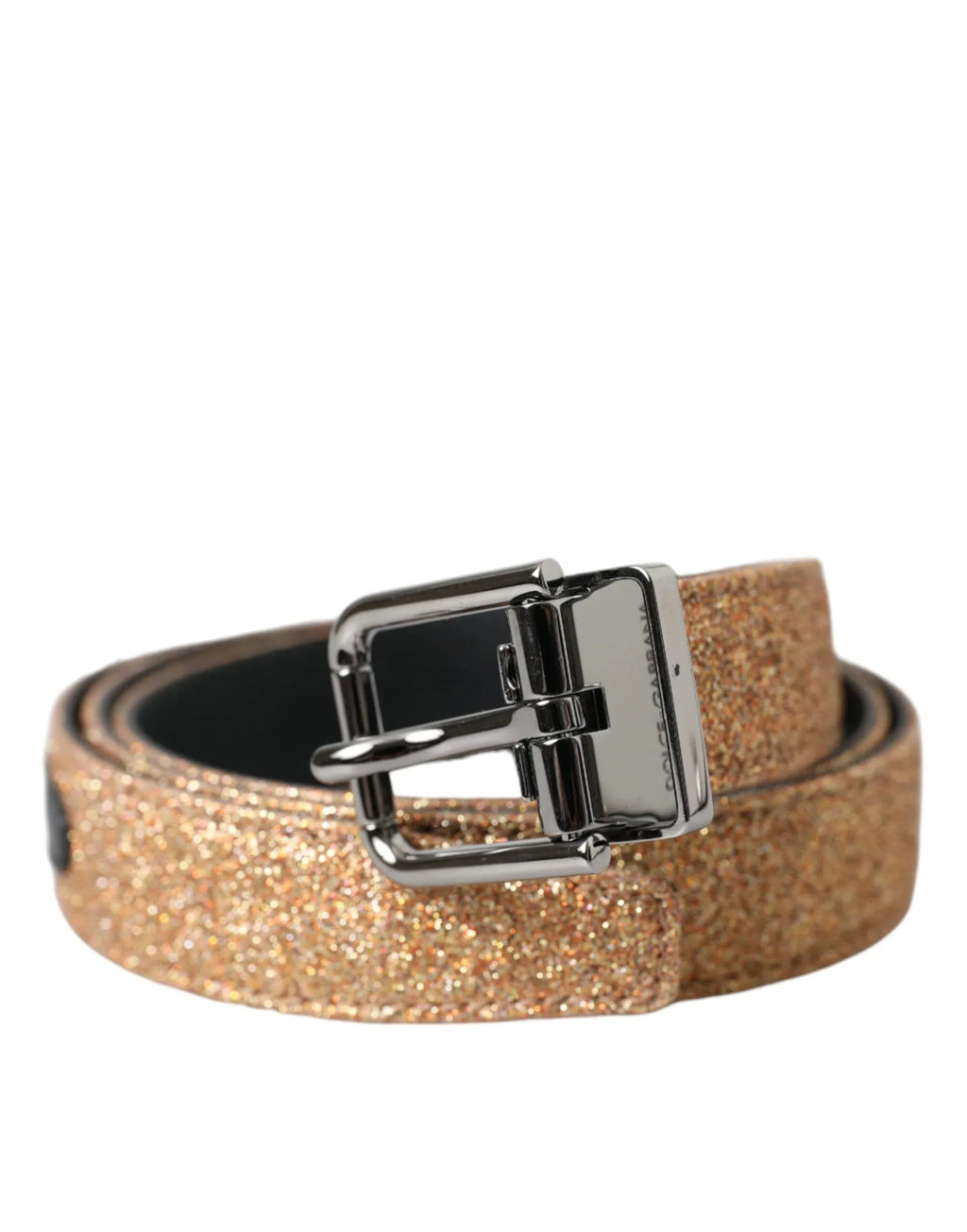 Dolce & Gabbana Gold Glitter Leather Silver Metal Buckle Belt - Zeiniez