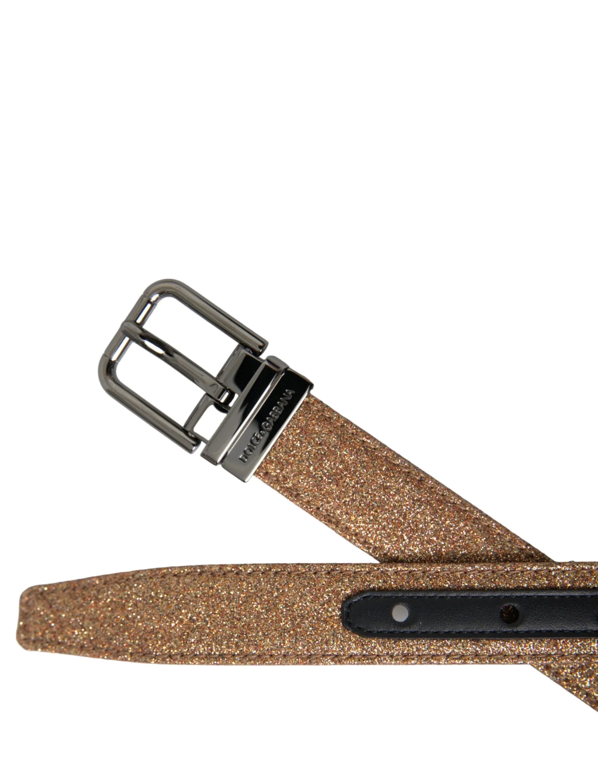 Dolce & Gabbana Gold Glitter Leather Silver Metal Buckle Belt - Zeiniez