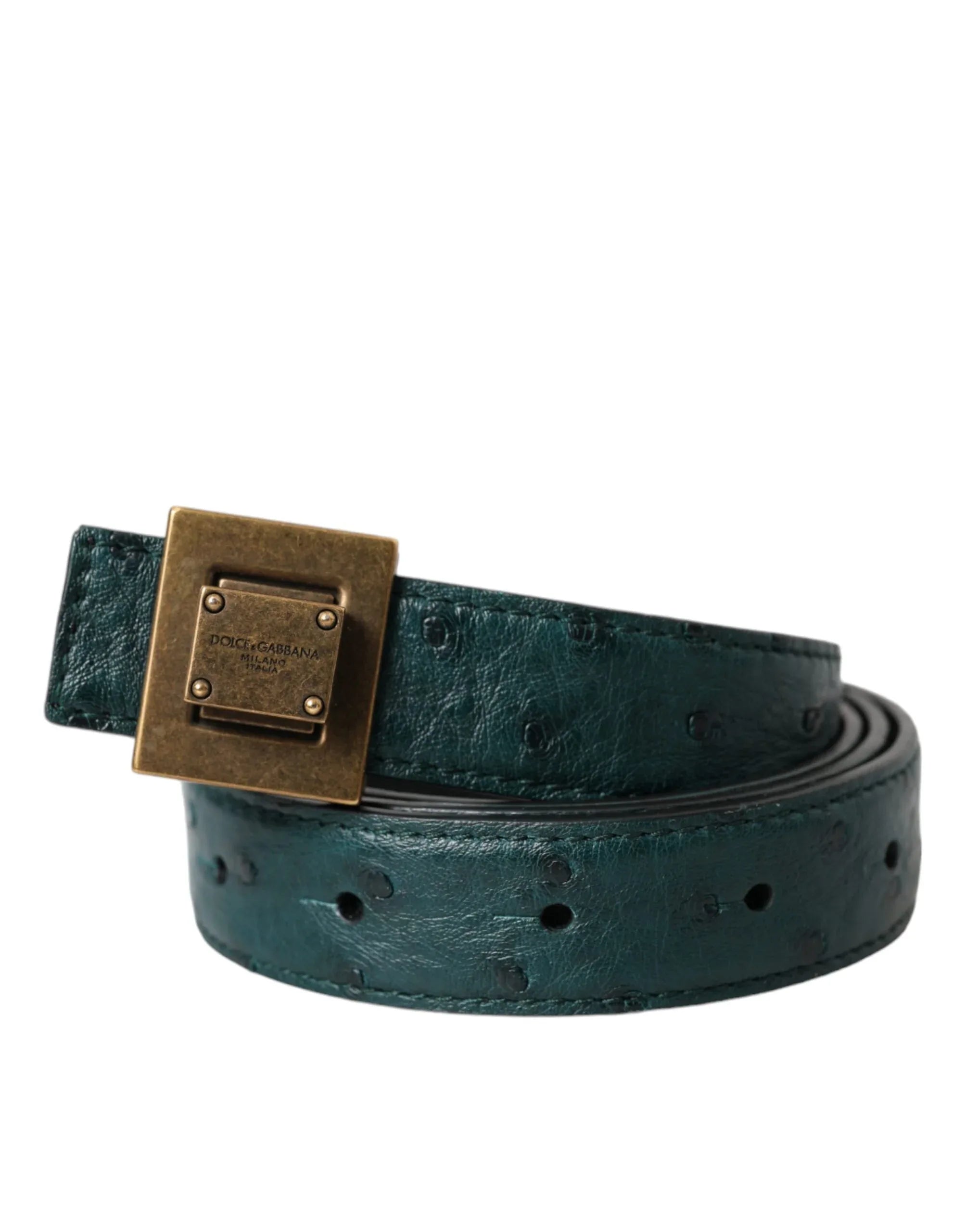 Dolce & Gabbana Dark Green Leather Square Metal Buckle Belt - Zeiniez