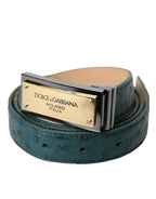 Dolce & Gabbana Green Leather Gold Logo Engraved Buckle Belt - Zeiniez