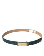 Dolce & Gabbana Green Leather Gold Logo Engraved Buckle Belt - Zeiniez