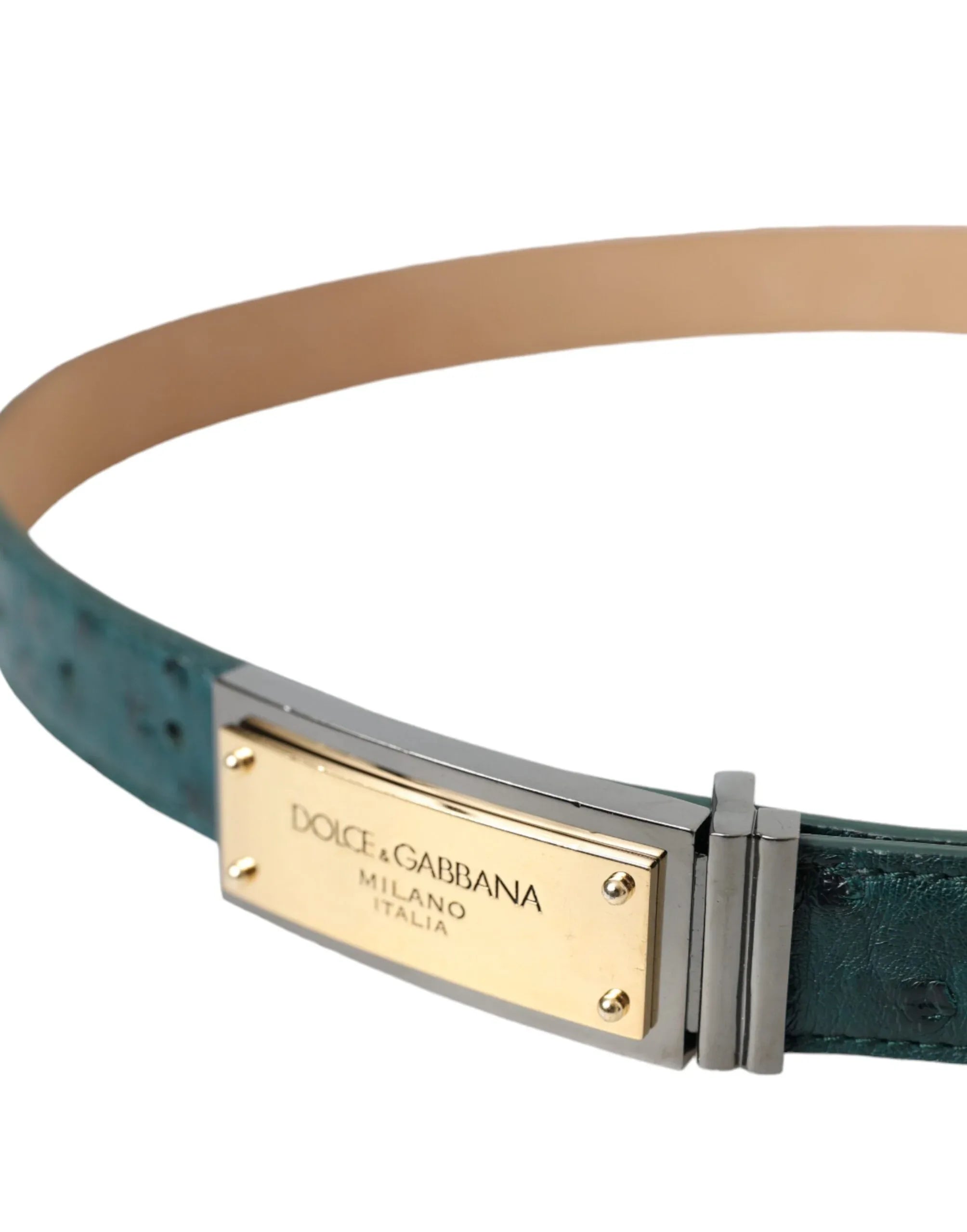 Dolce & Gabbana Green Leather Gold Logo Engraved Buckle Belt - Zeiniez