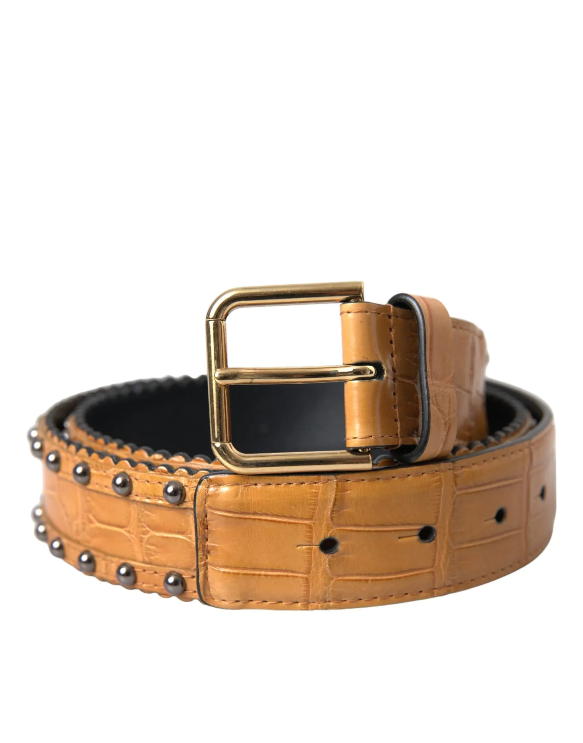 Dolce & Gabbana Beige Alligator Leather Studded Metal Buckle Belt - Zeiniez