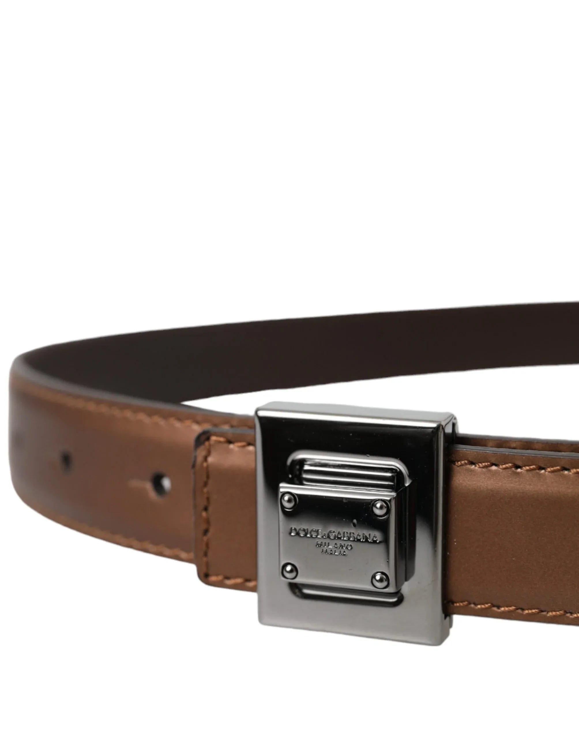 Dolce & Gabbana Bronze Leather Square Metal Buckle Belt - Zeiniez
