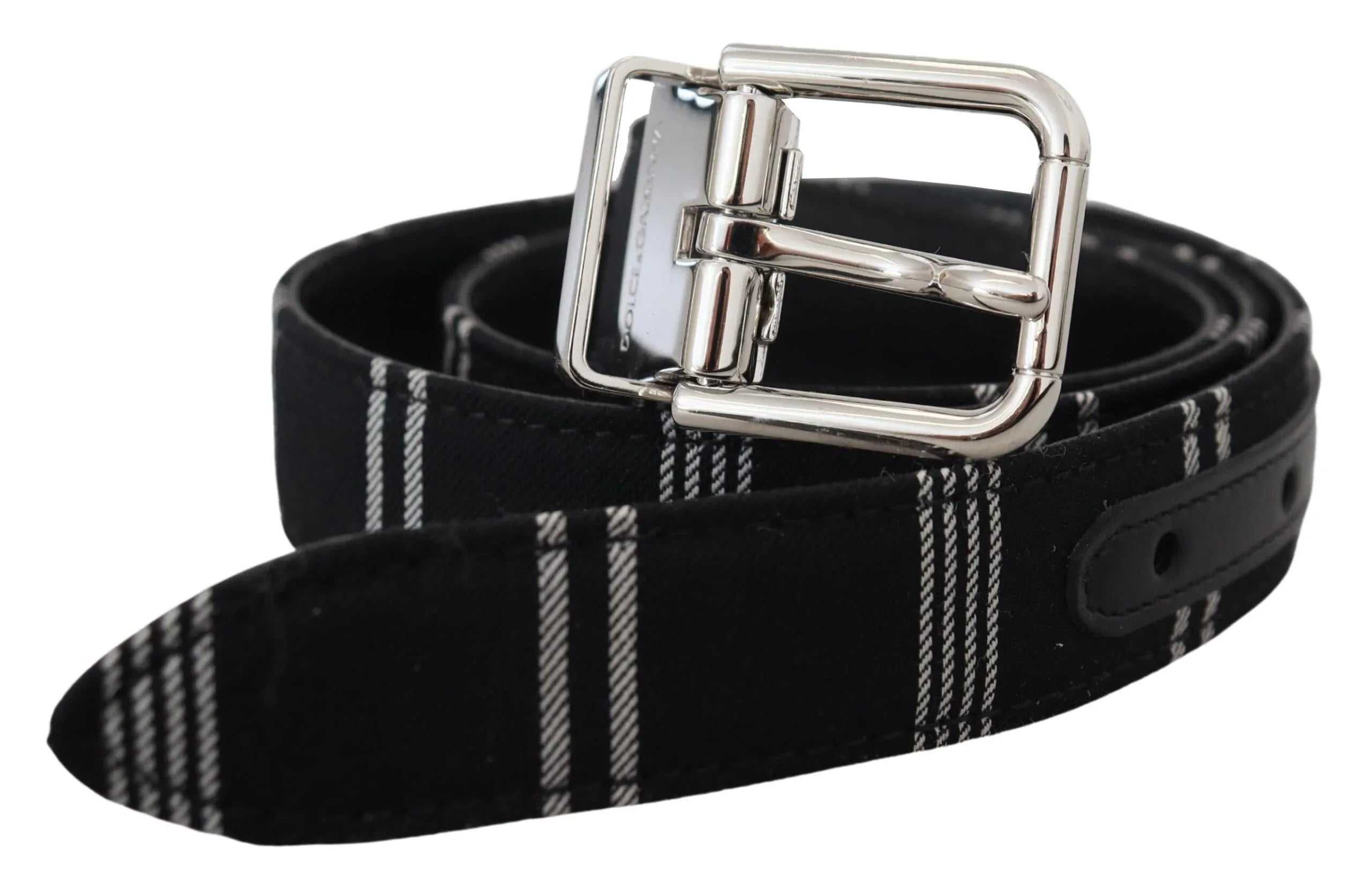 Dolce & Gabbana Black White Cotton Metal Silver Buckle Belt - Zeiniez