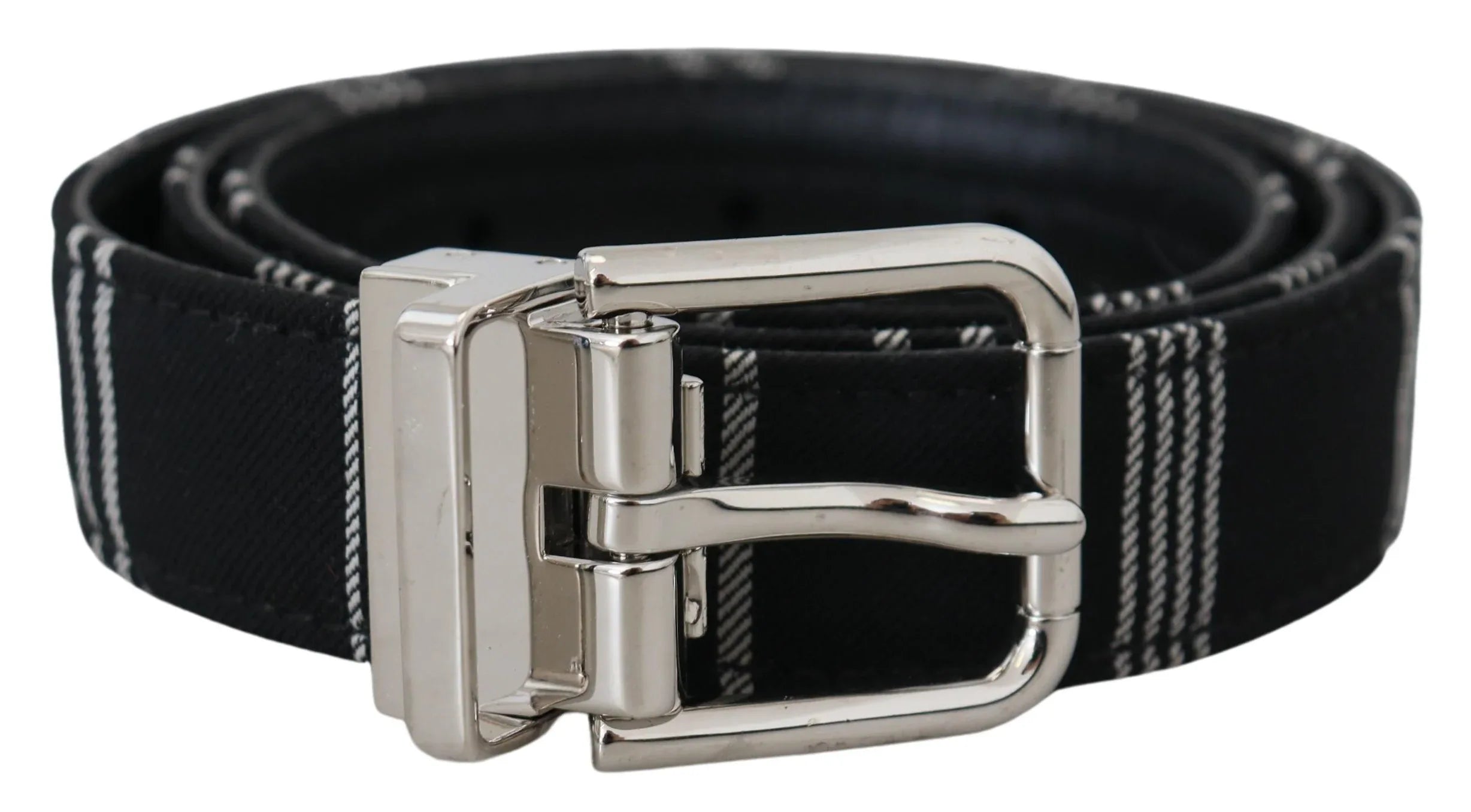 Dolce & Gabbana Black White Cotton Metal Silver Buckle Belt - Zeiniez