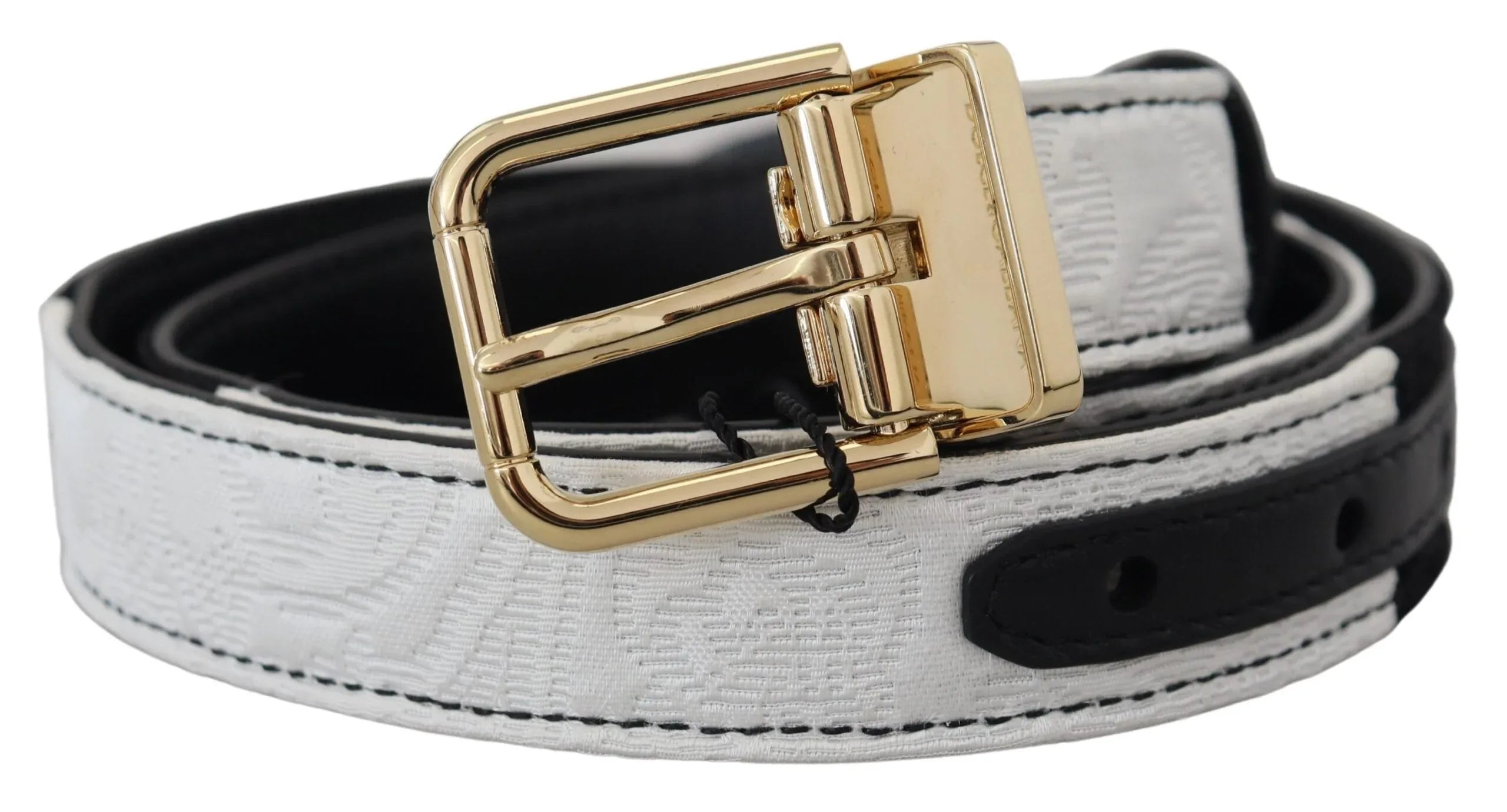 Dolce & Gabbana White Black Patchwork Gold Metal Buckle Belt - Zeiniez
