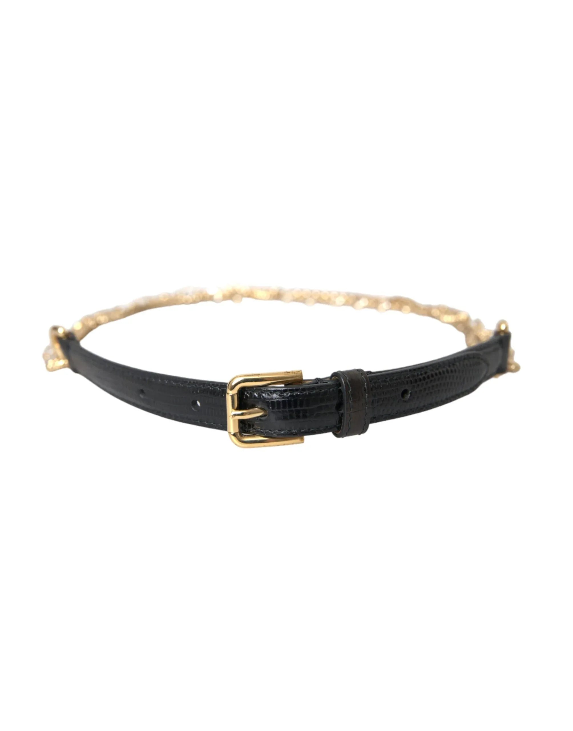 Dolce & Gabbana Black Leather Gold Chain Crystal Waist Women Belt - Zeiniez