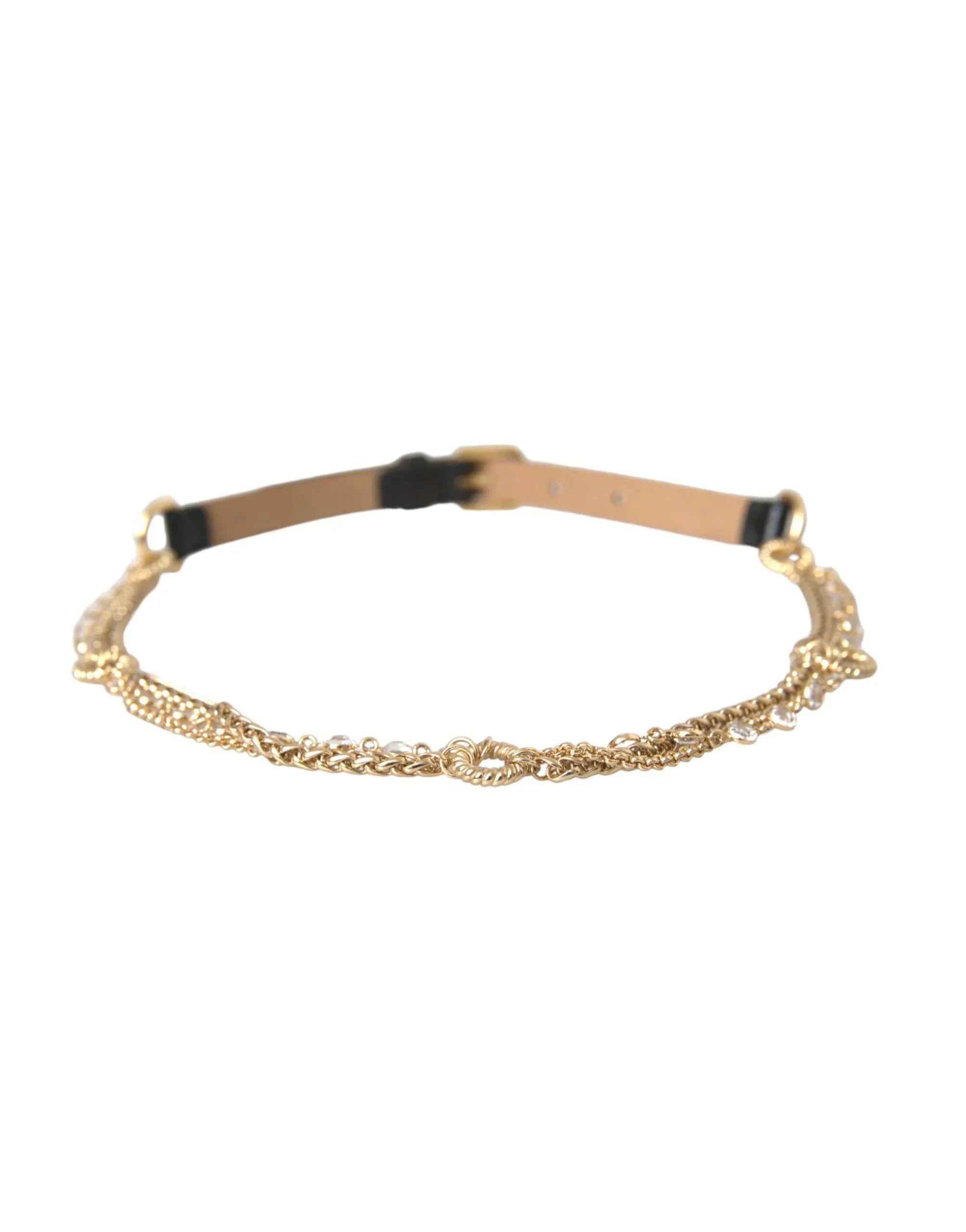 Dolce & Gabbana Black Leather Gold Chain Crystal Waist Women Belt - Zeiniez