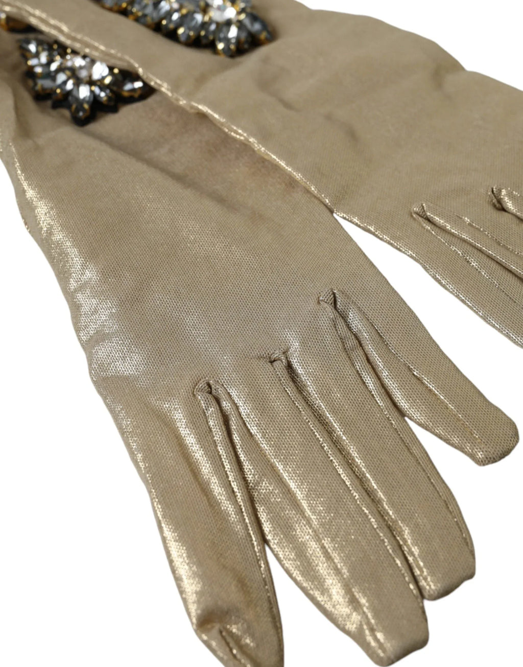 Dolce & Gabbana Beige Satin Crystal Elbow Length Gloves - Zeiniez