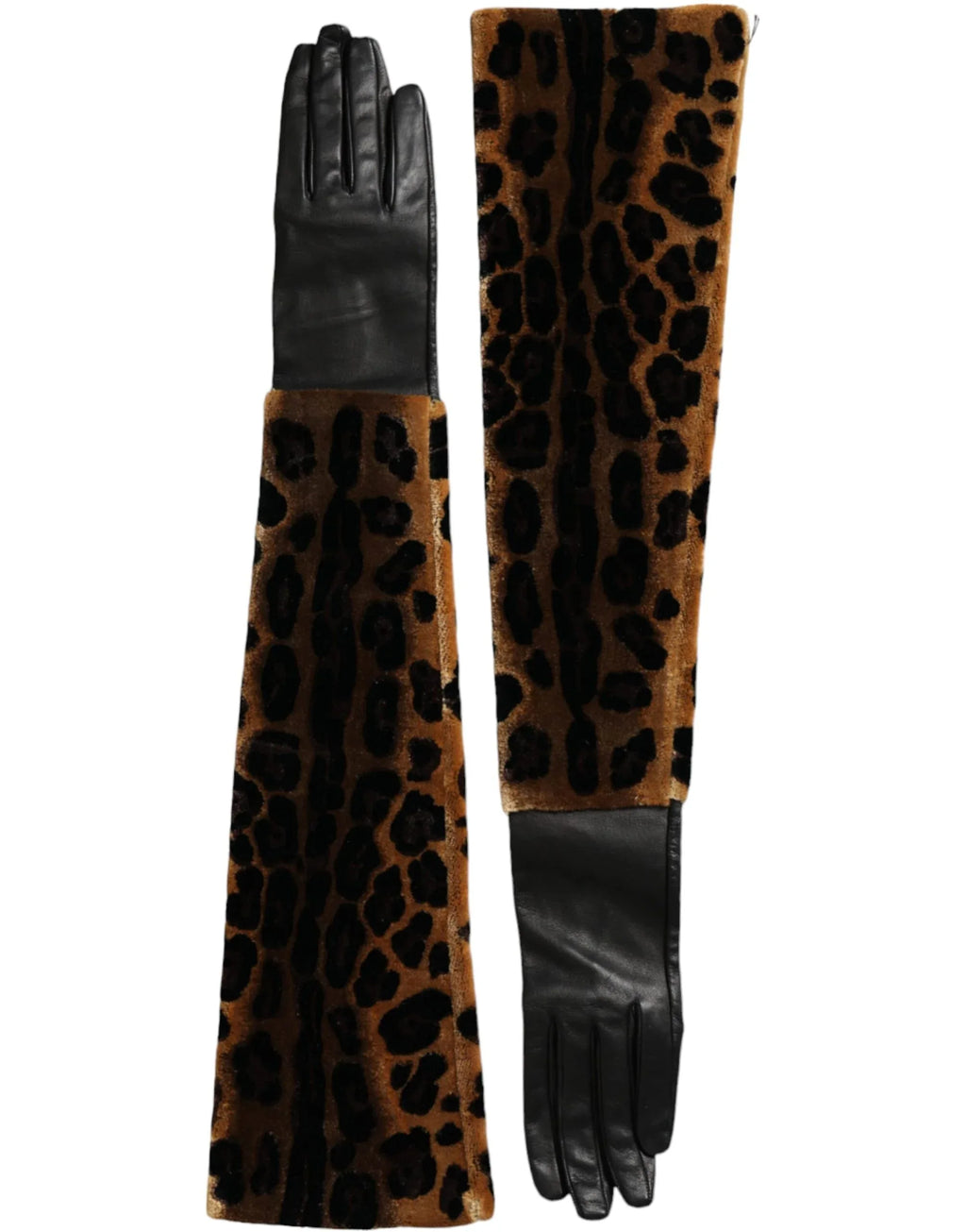 Dolce & Gabbana Brown Black Leopard Leather Elbow Length Gloves - Zeiniez