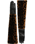 Dolce & Gabbana Brown Black Leopard Leather Elbow Length Gloves - Zeiniez