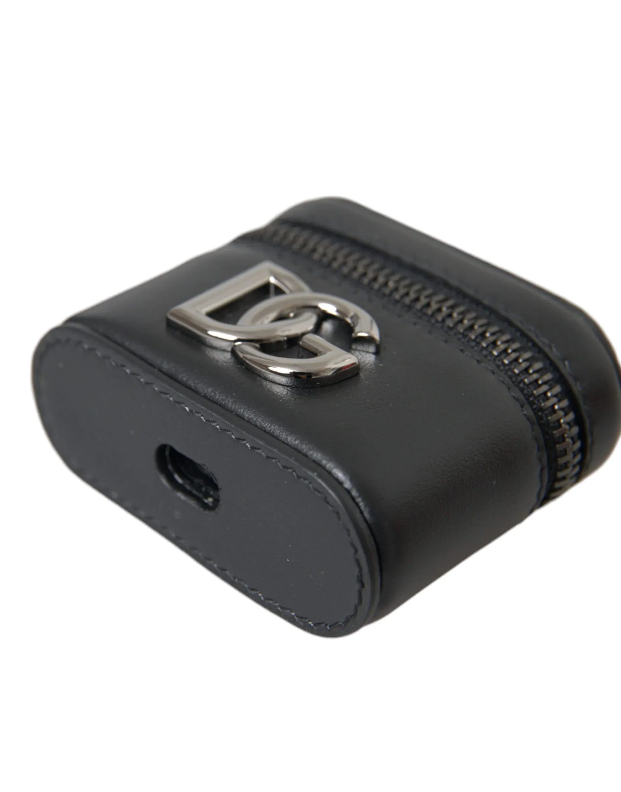 Dolce & Gabbana Black DG Logo Leather Silver Metal Airpods Case - Zeiniez