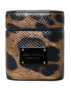 Dolce & Gabbana Brown Leopard Calf Leather Metal Logo Plaque Airpods Case - Zeiniez