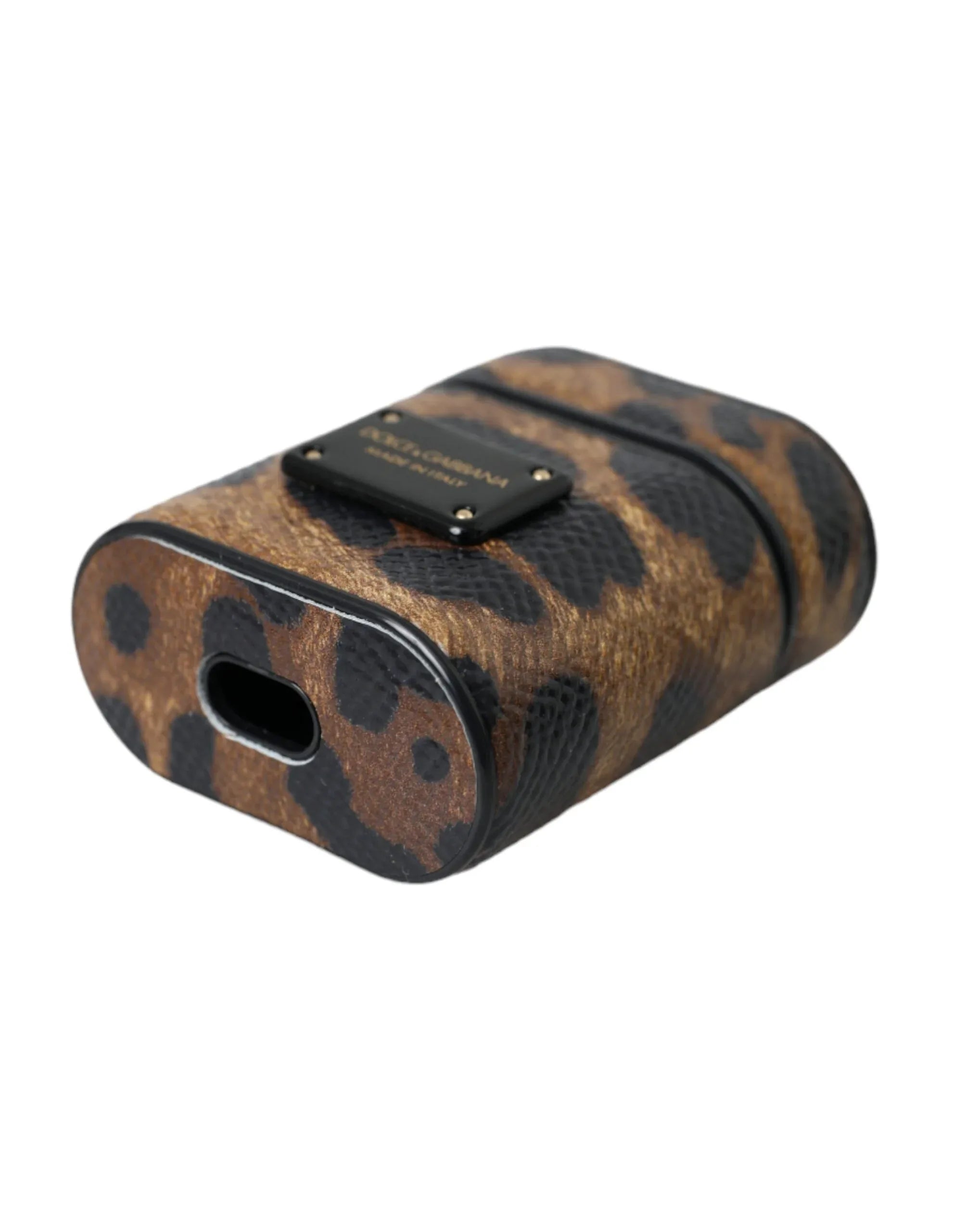 Dolce & Gabbana Brown Leopard Calf Leather Metal Logo Plaque Airpods Case - Zeiniez